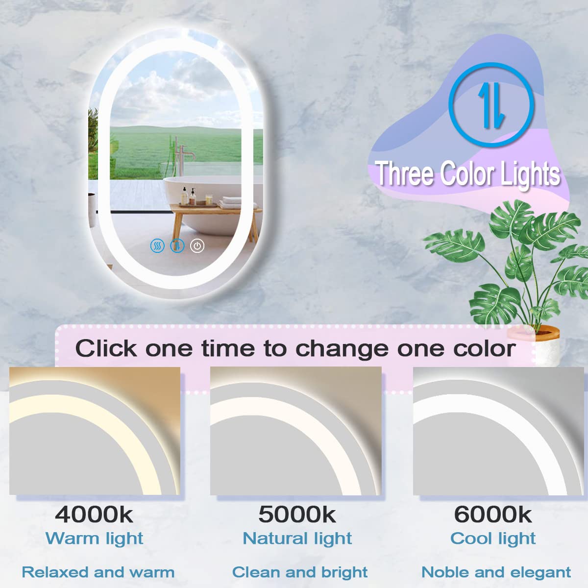 24 x 16 Inch Anti-Fog LED Bathroom Vanity Mirror with Dimmable 3-Color Lights - Smart Oval Wall Mounted Makeup Mirror for Home & Salon Use