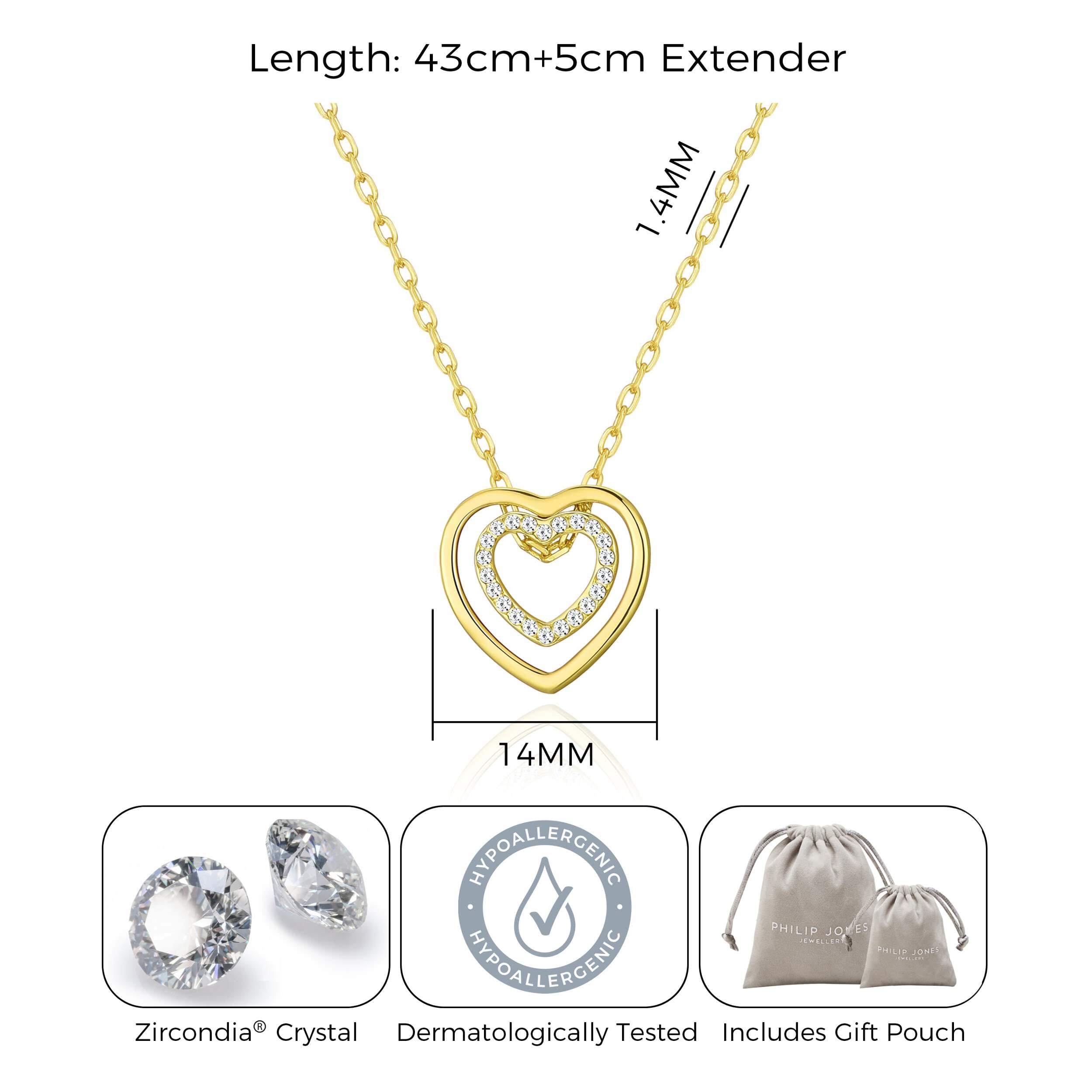 Gold Plated Double Heart Necklace with Zircondia® Crystals - Perfect Gift for Her
