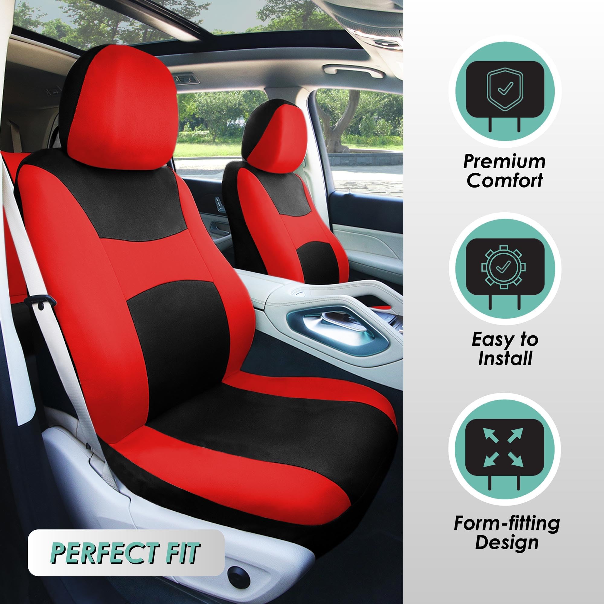 FH Group Light & Breezy Cloth Full Set Car Seat Covers Combo - Universal Fit for Cars, Trucks & SUVs (Steering Wheel Cover, Seat Belt Pads, Black Vinyl Floor Mats) - Red/Black - Perfect for Road Trips & Daily Commute