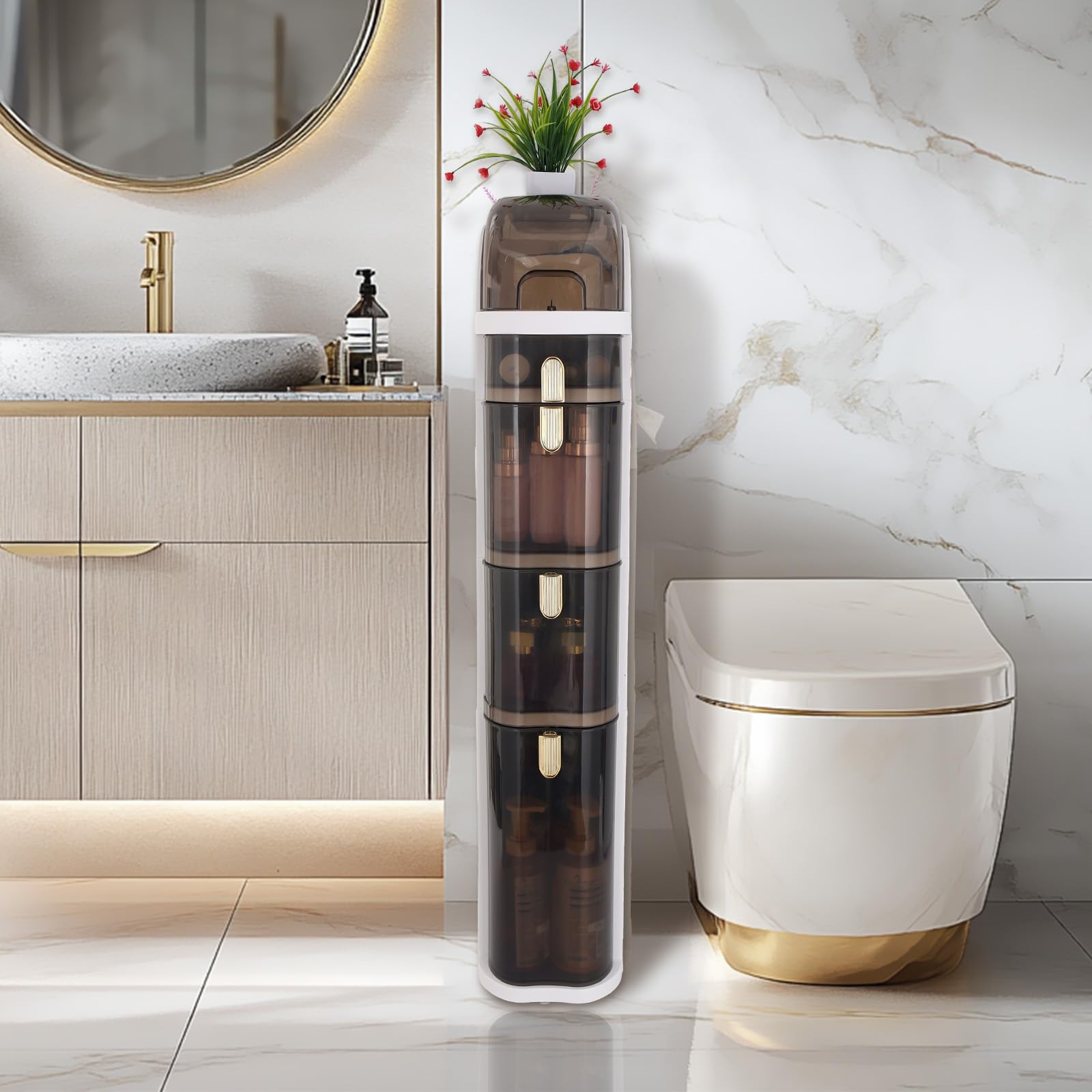 4-Tier Narrow Bathroom Storage Cabinet - Space-Saving Movable Organizer for Small Bathrooms, Laundry Rooms & Living Room Gaps - Ready to Use Right Out of The Box - Perfect for Toiletries, Towels & Household Essentials Storage