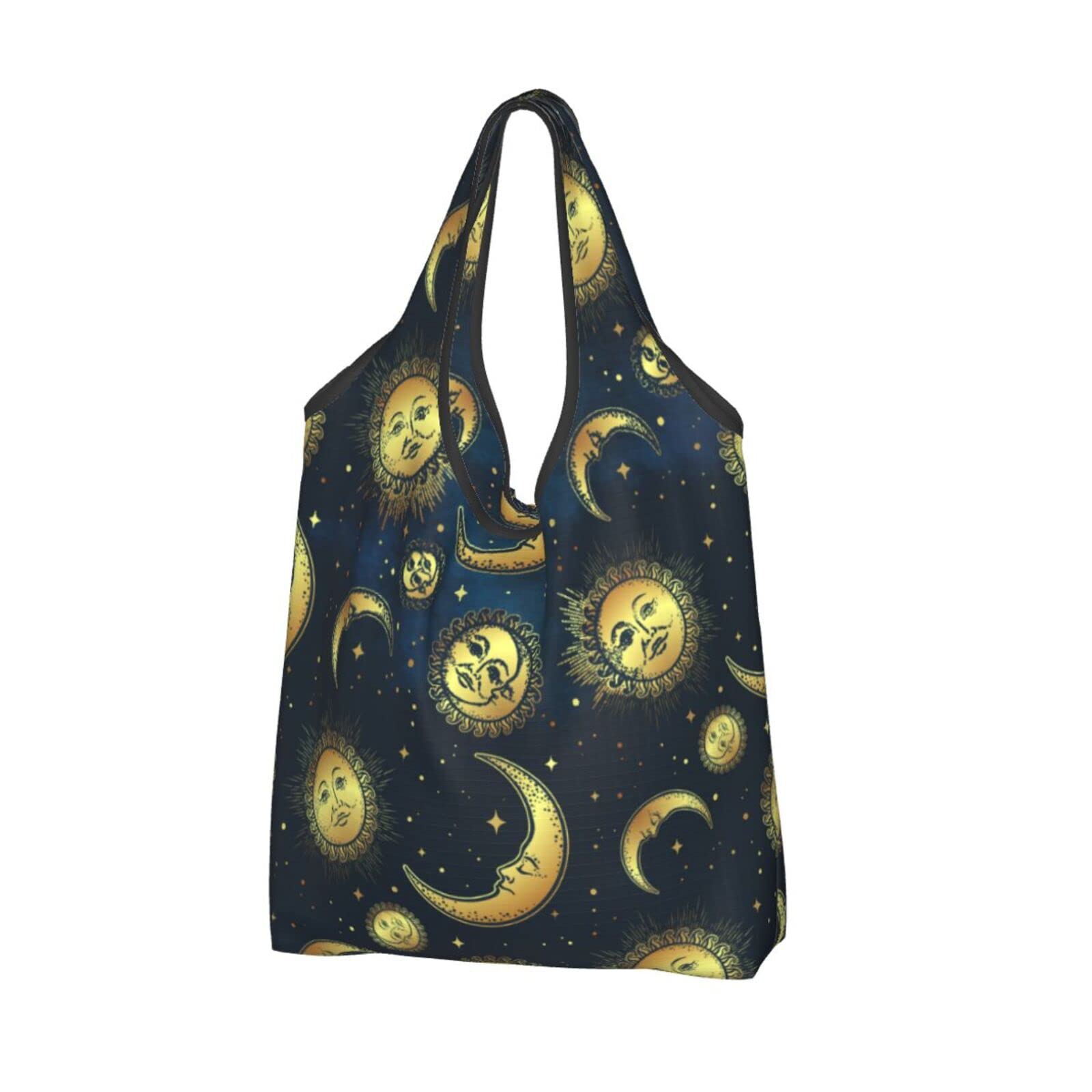 Eco-Friendly Golden Sun Moon Stars Reusable Shopping Bags - Waterproof Large Foldable Grocery Tote for Groceries, Beach, Travel & Daily Use