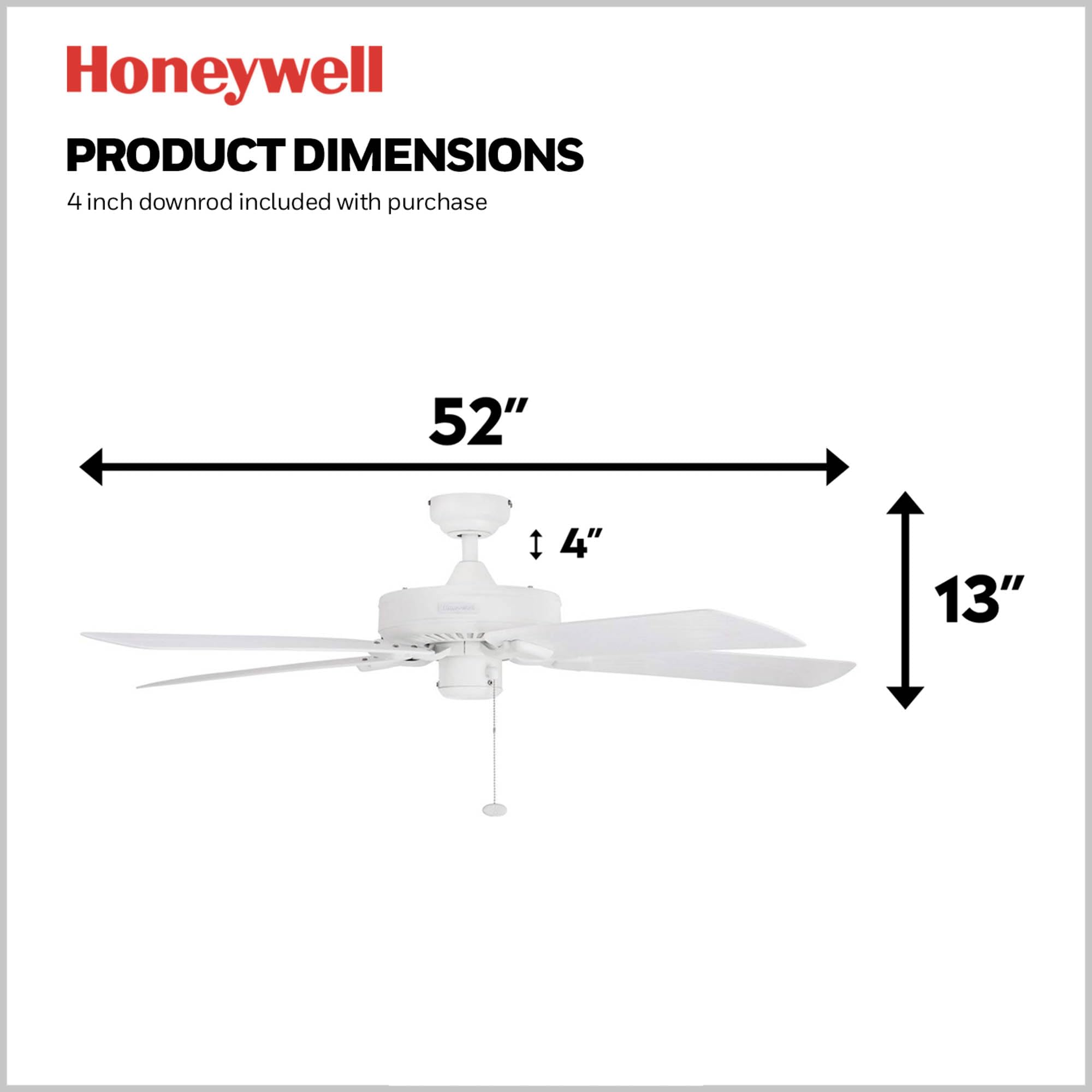 Honeywell Belmar 52 Inch Outdoor Ceiling Fan - No Light, Pull Chain Control, Tri-Mount Traditional 5-Blade Design, ETL Wet Rated, White (50198-01) - Perfect for Patios, Porches, and Covered Outdoor Spaces