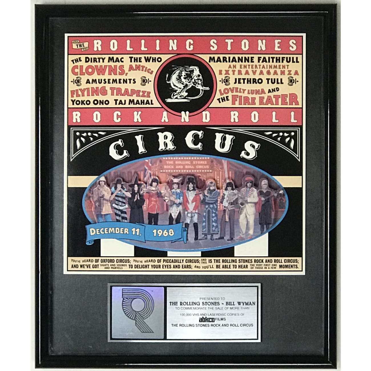 Rolling Stones Rock And Roll Circus RIAA Video Award Presented to Bill Wyman - Rare Collectible Music Memorabilia for Fans & Display at Home/Office
