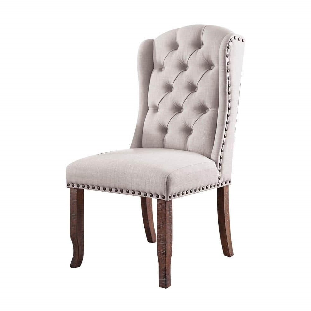 Contemporary Ivory Fabric 2-Piece Tufted Wingback Dining Chairs with Rustic Solid Oak Wood Back - Perfect for Farmhouse Dining Room, Kitchen Nook & Breakfast Nook Decor