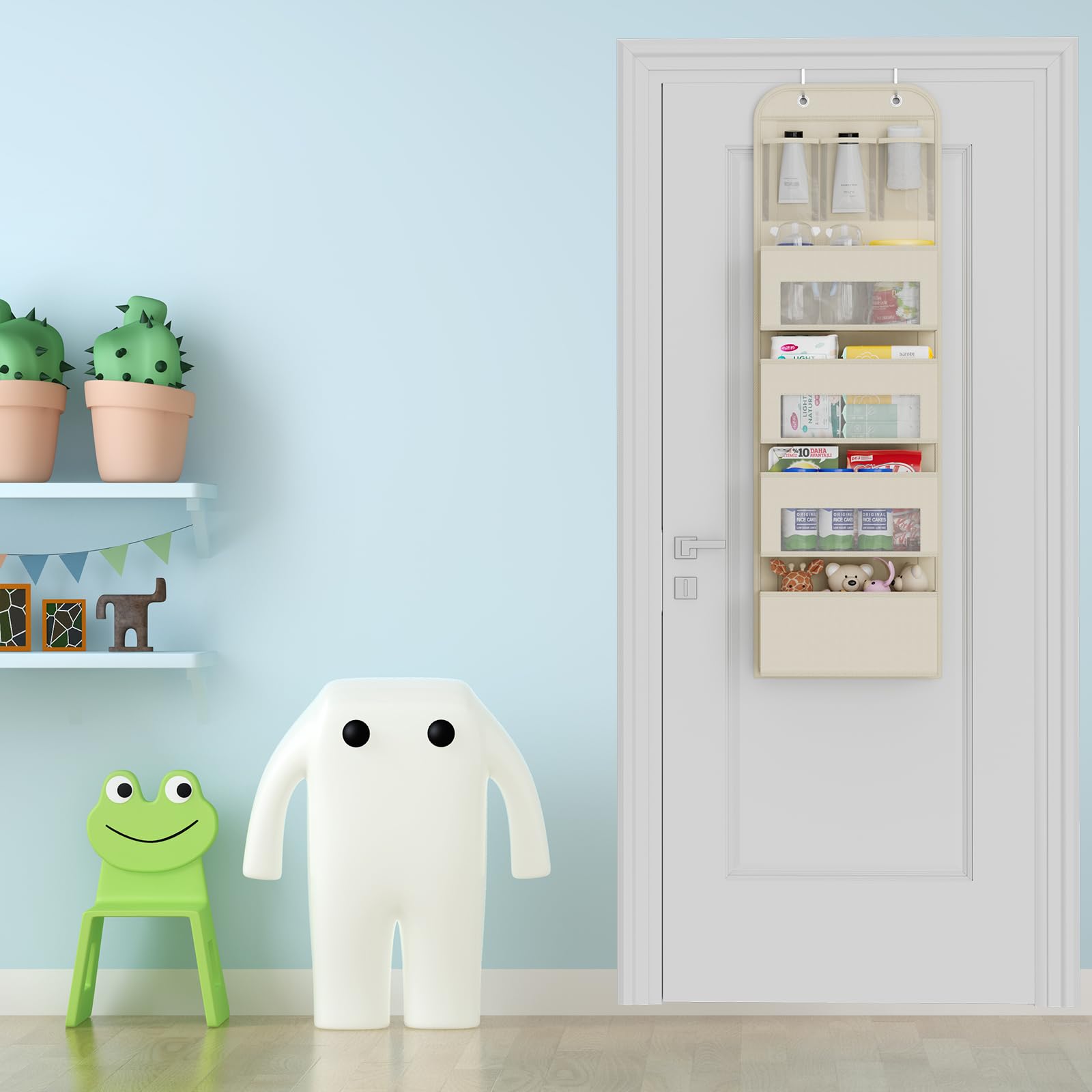 Over The Door Organizer - 4-Tier Hanging Storage Shelf for Nursery, Closet & Bathroom - Space Saving Beige Fabric Door Organizer for Baby Clothes, Toys & Essentials - Perfect for Small Spaces & Home Organization
