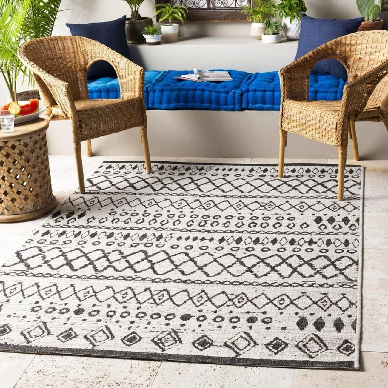 Mark&Day 7x7 Bohemian Global White Indoor/Outdoor Square Area Rug - Soft Living Room Carpet, Bedroom Decor & Kitchen Floor Mat (6'7