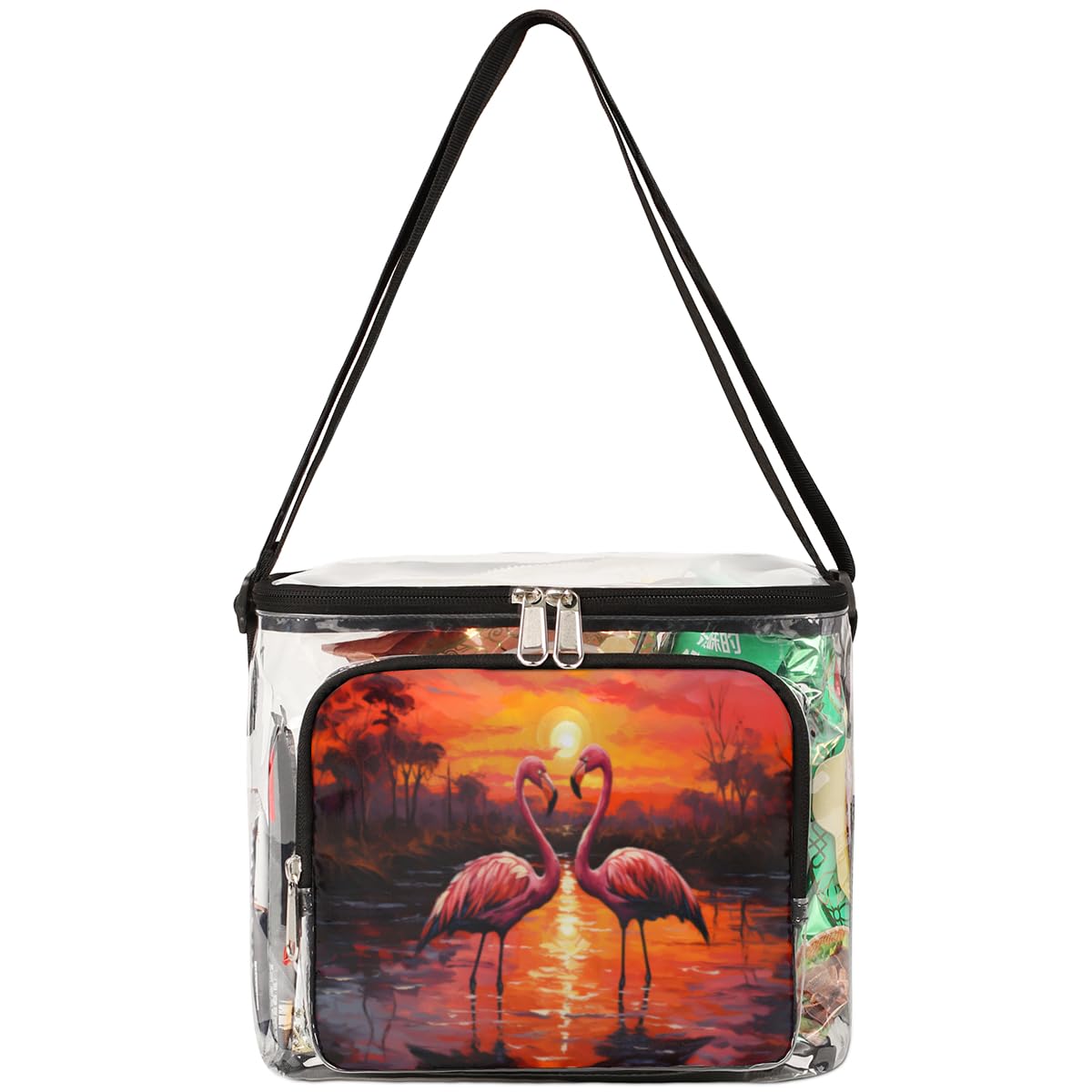 GzLeyigou Clear Transparent Tote Bag with Handles - Sunset Flamingo Print Crossbody Shoulder Bag for Women, Lunch Bag for Outdoor, Travel, Picnic, Concerts & Sports Events - Stadium Approved Purse for Beach, Shopping & Theme Parks