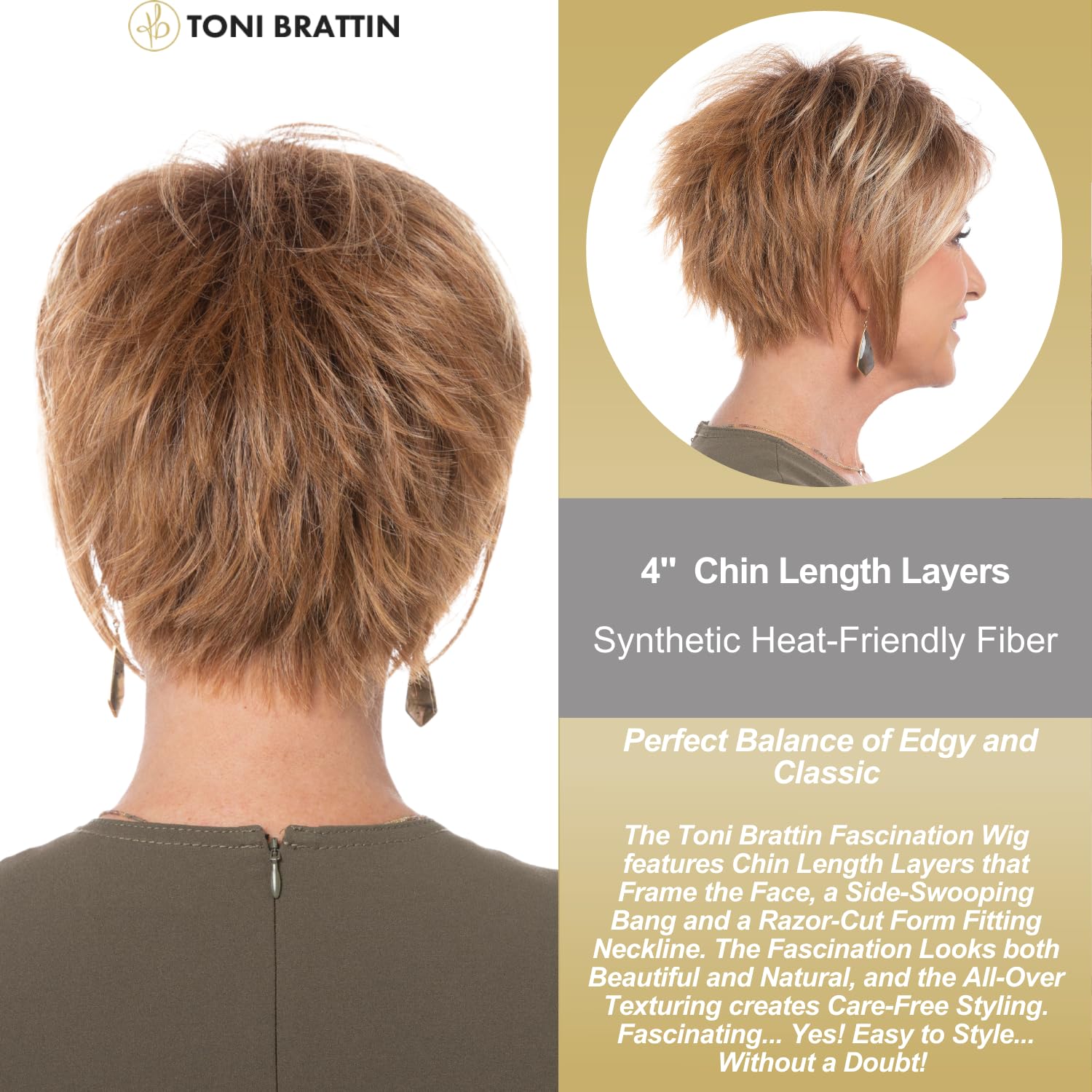 Toni Brattin Fascination Wig - Chin Length Layered Synthetic Hair with Side-Swept Bangs & Razor-Cut Neckline - Heat-Friendly, Natural Look & Feel - Adjustable Comfort Fit (Red Blonde) - Perfect for Cosplay, Daily Wear & Special Occasions
