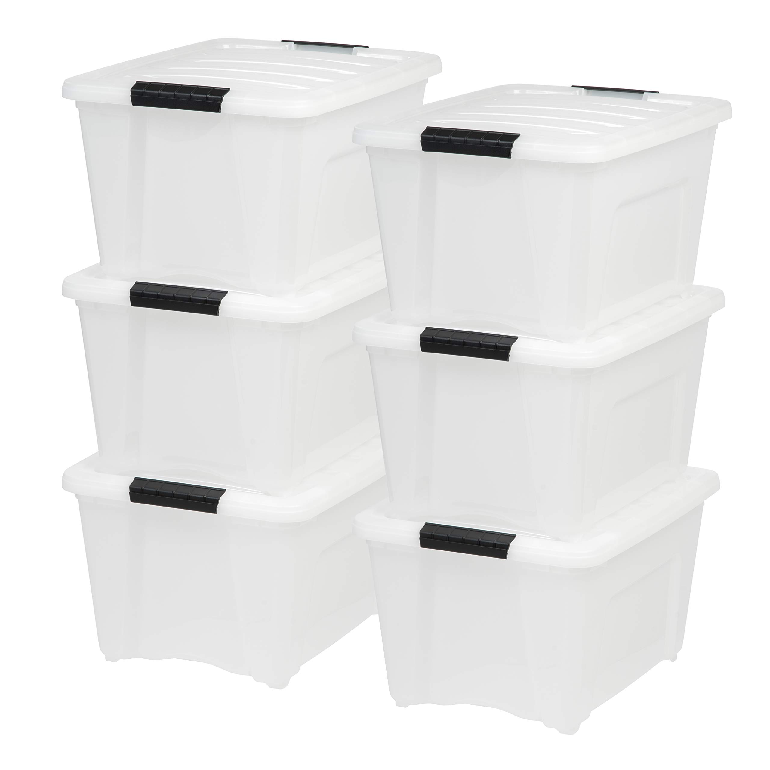 IRIS USA 12 Quart & 32 Quart Stackable Plastic Storage Bins - 6-Pack Clear & Pearl Organizer Boxes with Water-Resistant Design for Home, Office, or Closet Organization