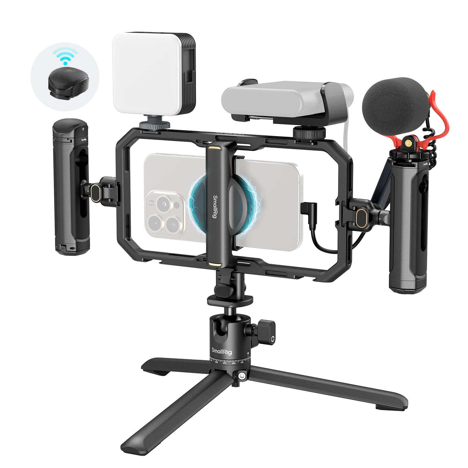 SmallRig Universal Quick Release Phone Video Rig Kit Pro - Phone Stabilizer with LED Light, Microphone, QR Tripod, Dual Handles & Power Bank Holder for Content Creators, Live Streaming, Vlogging & YouTube Videos (Model 4704)