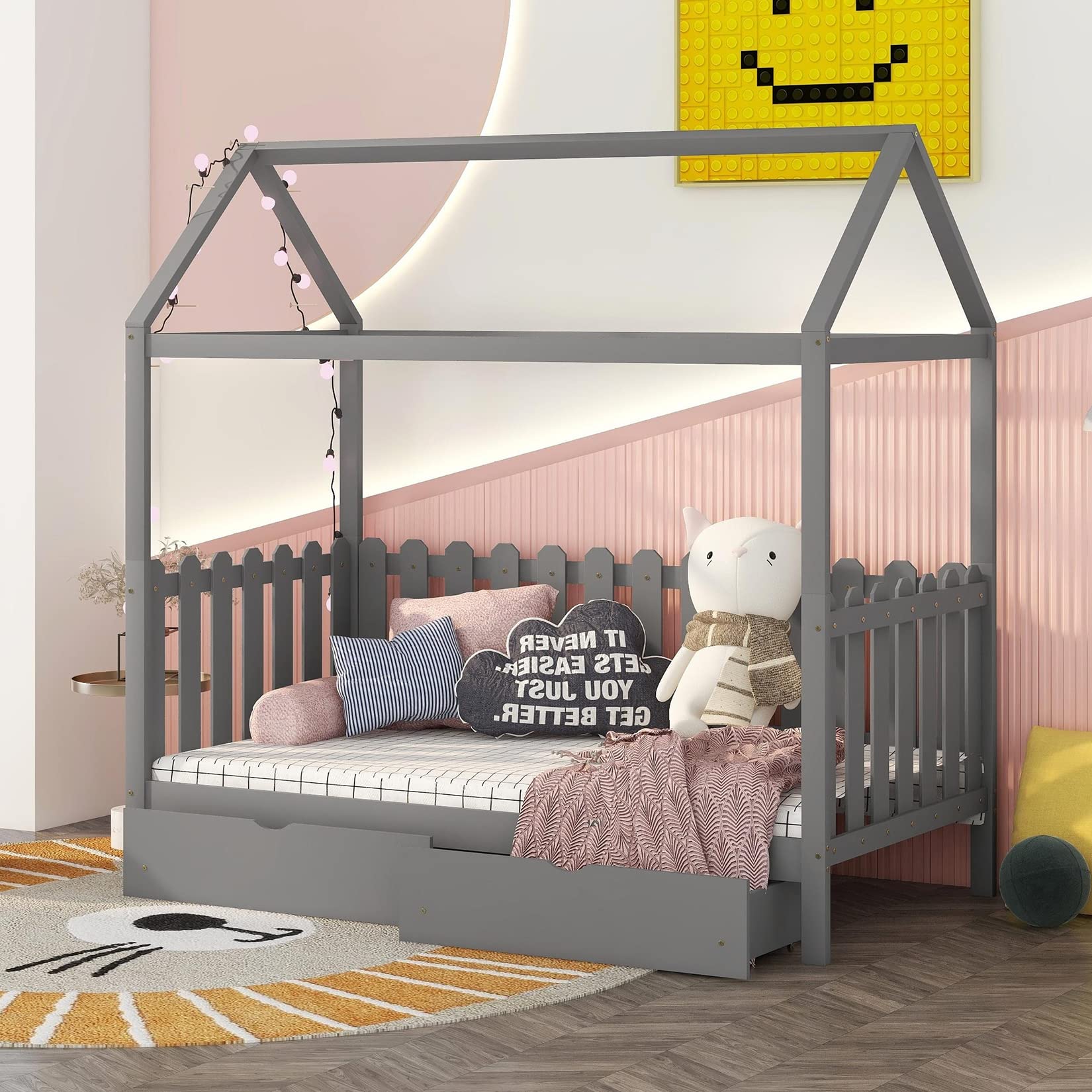 **Wooden Twin Size Daybed with Drawers - Toddler House Beach Bed Frame, Kids Floor Bed & Tent Bed in Gray - Perfect for Kids' Rooms, Beach Houses & Play Areas**