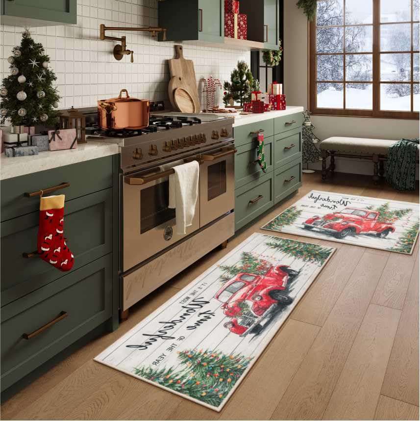 LEEVAN Christmas Kitchen Mat Set of 2 - Non-Slip Cushioned Holiday Rugs with Christmas Tree Truck Design, Washable Anti-Fatigue Floor Mats for Winter - Perfect for Kitchen, Entryway, and Holiday Decor