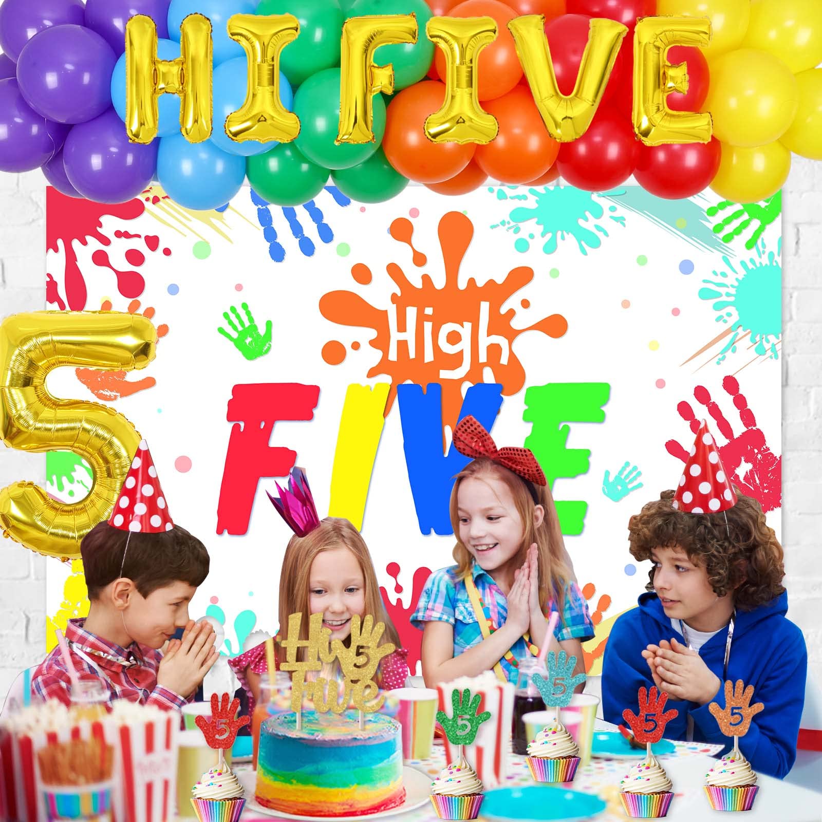 5th Birthday Party Decorations Set - Rainbow Balloons, High Five Backdrop, Number 5 Foil Cake Toppers for Boys & Girls | Perfect for 5-Year-Old Birthday Celebrations, Cake Smash Photos & Handprint Keepsakes