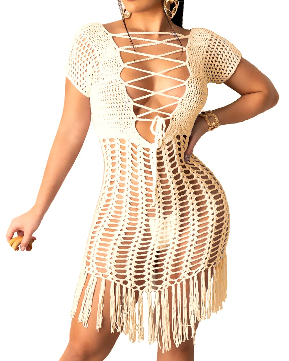 Women's Crochet Lace Up Mini Dress - Boho Summer Beach Dress with Floral Embroidery | Perfect for Vacations, Dates & Music Festivals