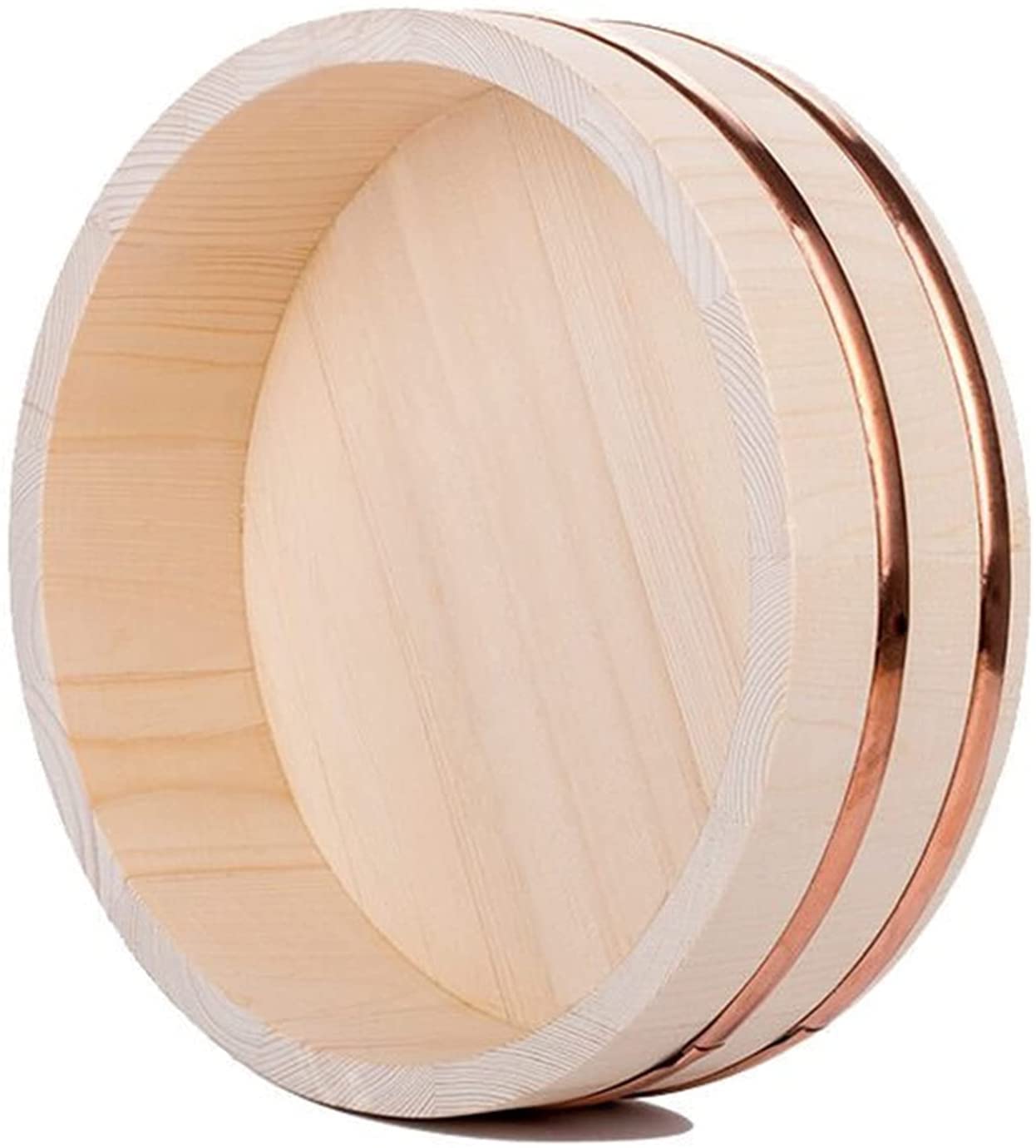 Japanese Wooden Sushi Rice Bowl with Copper Bands - 36cm/14in Traditional Sushi Oke Tub for Restaurant & Home Kitchen Use - Perfect for Sushi Making, Rice Serving & Japanese Dining Experience