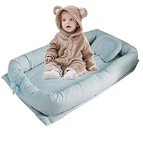 Breathable Blue Striped Baby Bassinet for Bed - 100% Cotton Portable Crib for Newborns - Co-Sleeping Lounger for Nursery & Travel - Perfect for Bedroom, Daycare & Family Trips