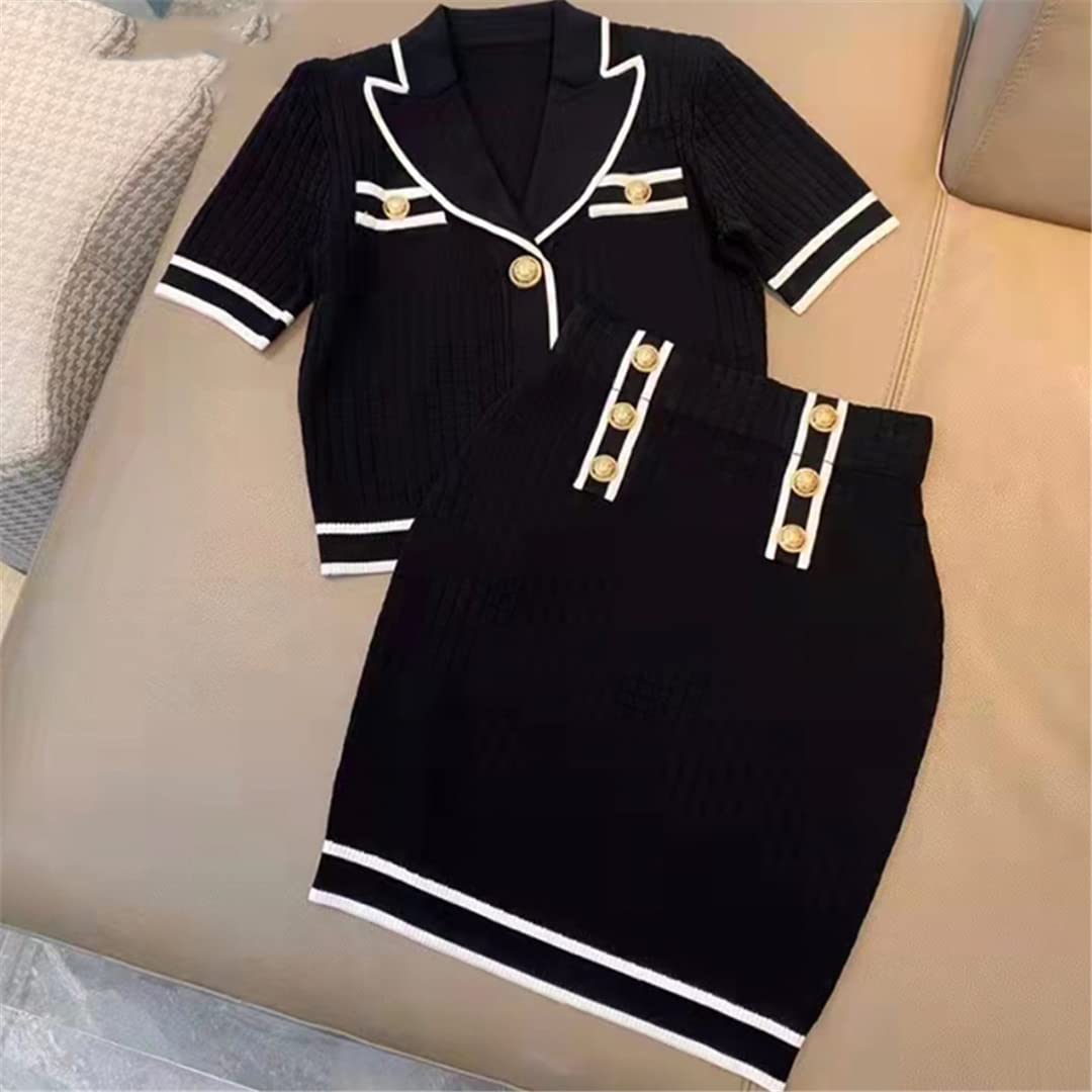 Women's Summer Outfit - Gold Button Short Knitted Cardigan & Mini Skirt Two-Piece Set (White) | Casual Chic Look for Beach, Date Night & Summer Vacation
