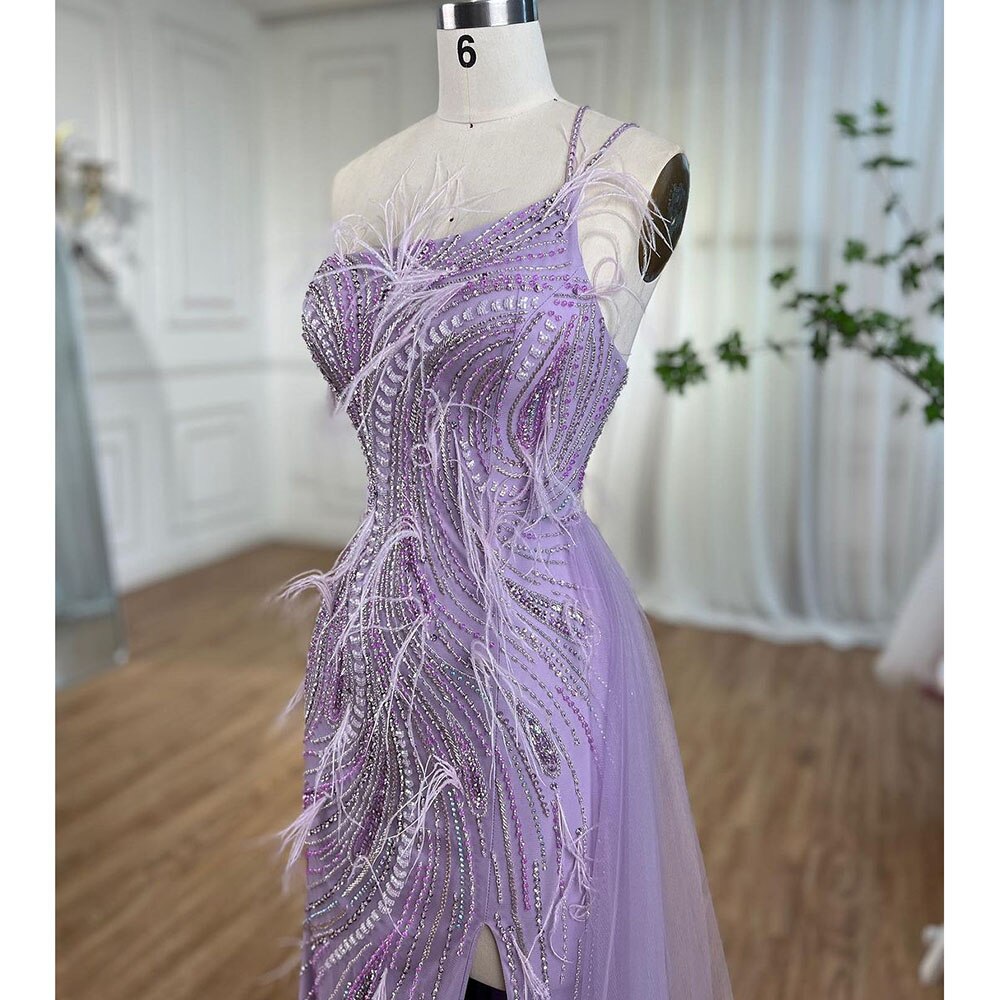 Serene Hill Lilac Mermaid Elegant One Shoulder Feather Beaded Luxury Evening Dress Gown for Women - Perfect for Wedding, Prom, Gala & Formal Events 2025 | Style LA72154