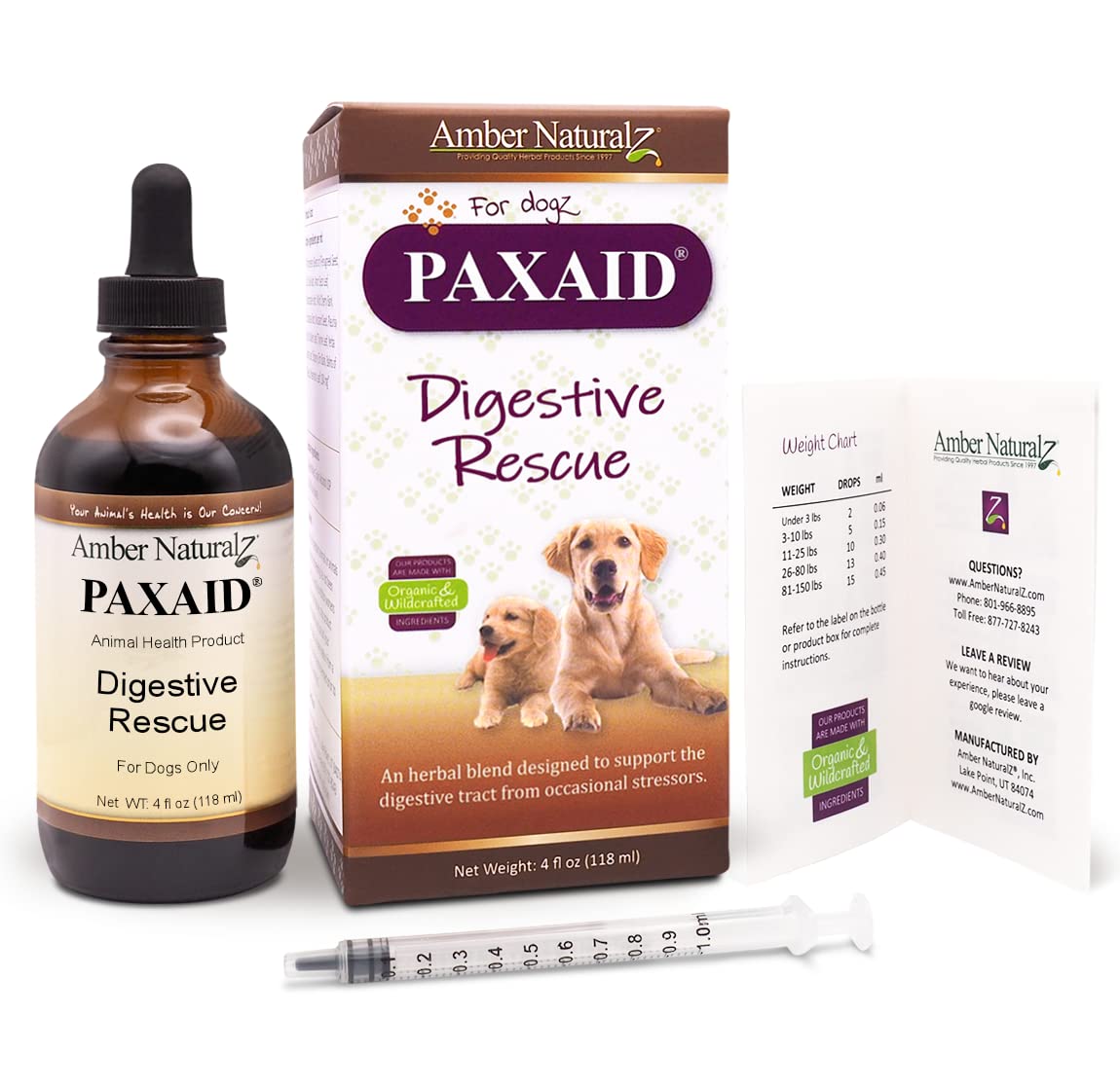 Amber NaturalZ Paxaid Digestive Rescue Herbal Supplement for Dogs & Puppies – Natural Canine Digestive Support for Occasional Upset Stomach – 4oz USA-Made Glass Bottle – Perfect for Travel, Post-Vet Visits & Dietary Changes