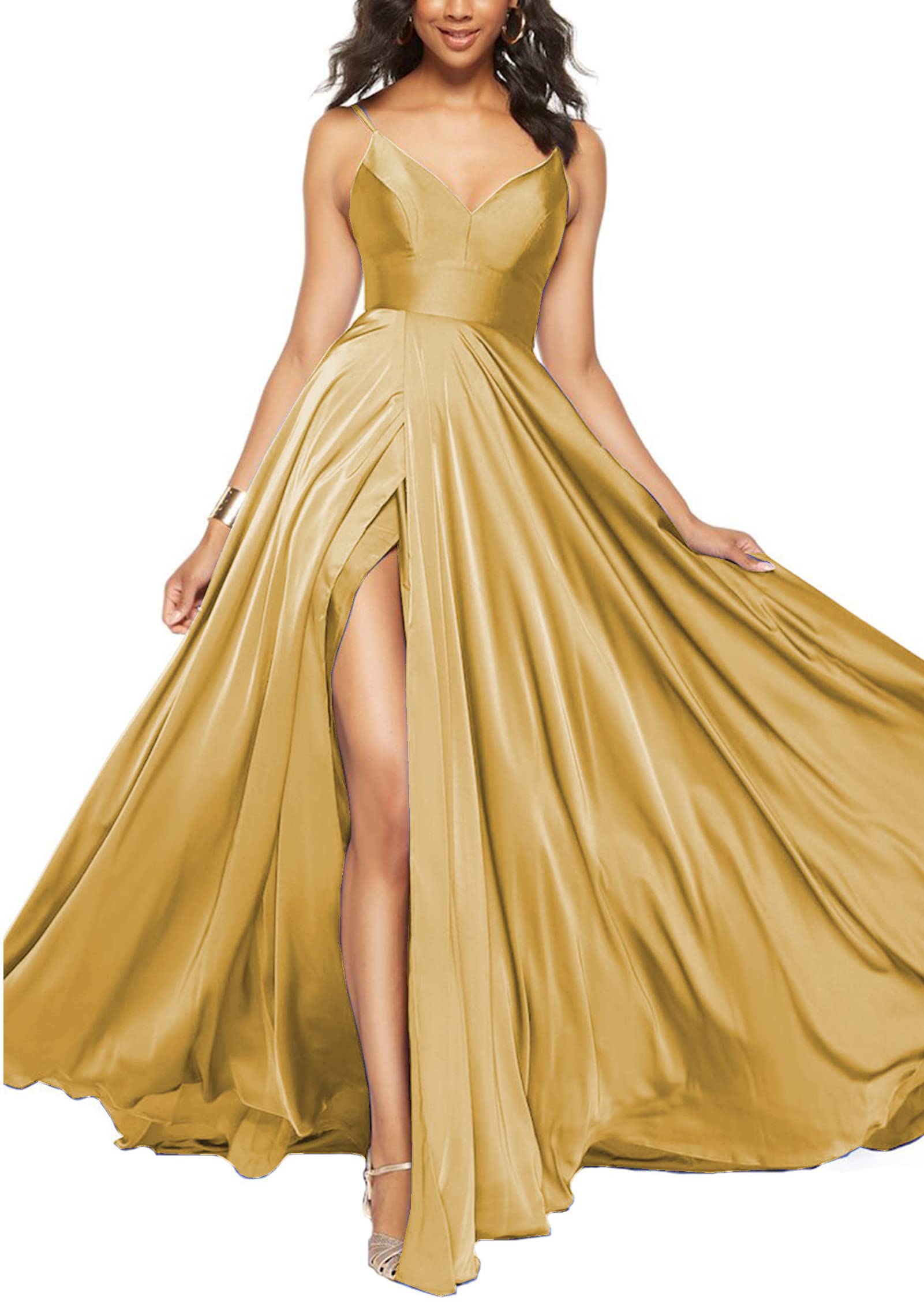 Elegant Olive Green Satin Ball Gown Prom Dress for Women - Spaghetti Strap Long Formal Evening Gown with Thigh High Slit (Size 0) | Perfect for Homecoming, Prom Night, Black Tie Events & Special Occasions