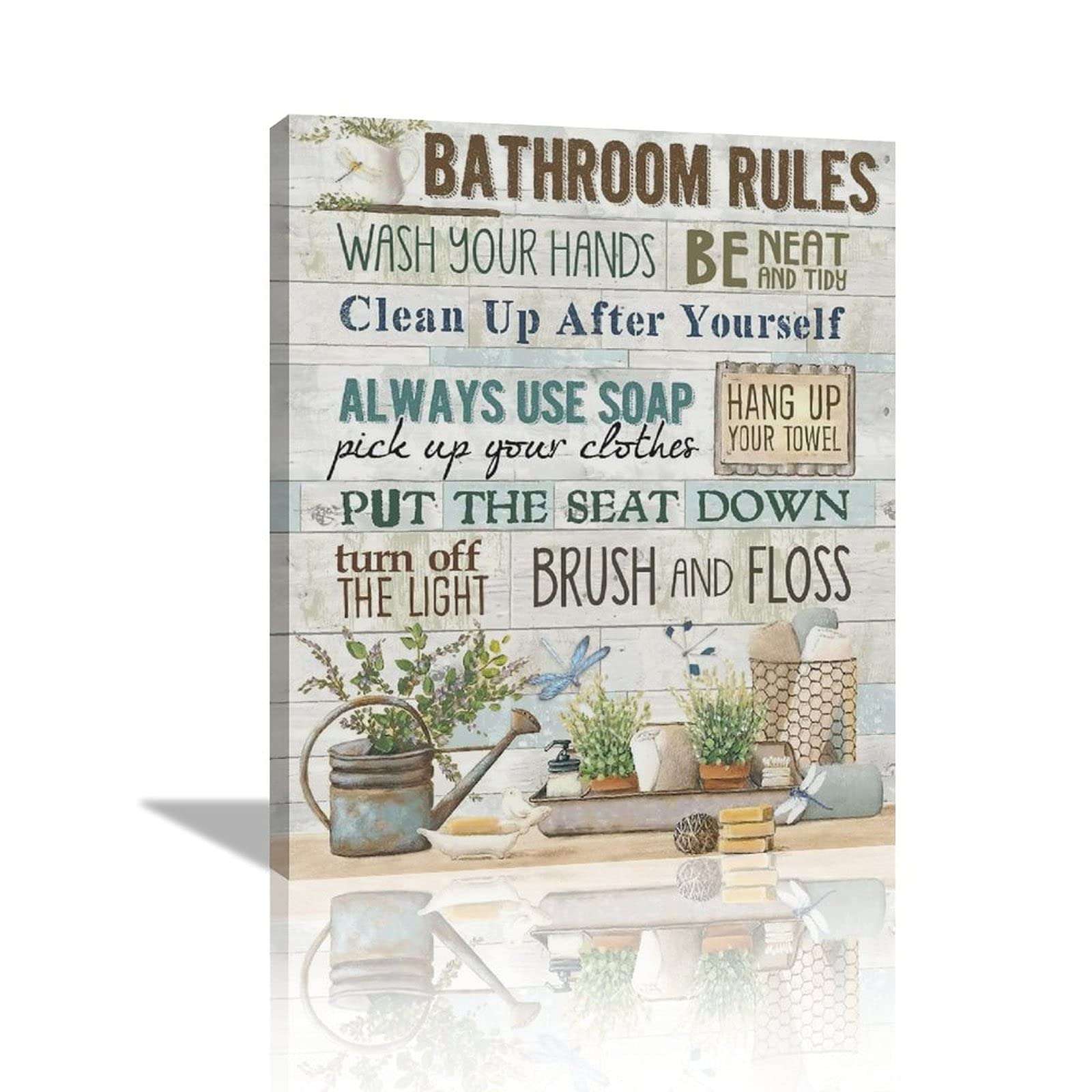 Rustic Bathroom Rules Canvas Wall Art - Farmhouse Decor with Wood Background, Framed Bath & Laundry Room Sign for Home Decor | Perfect for Bathroom, Powder Room & Guest House Decorations