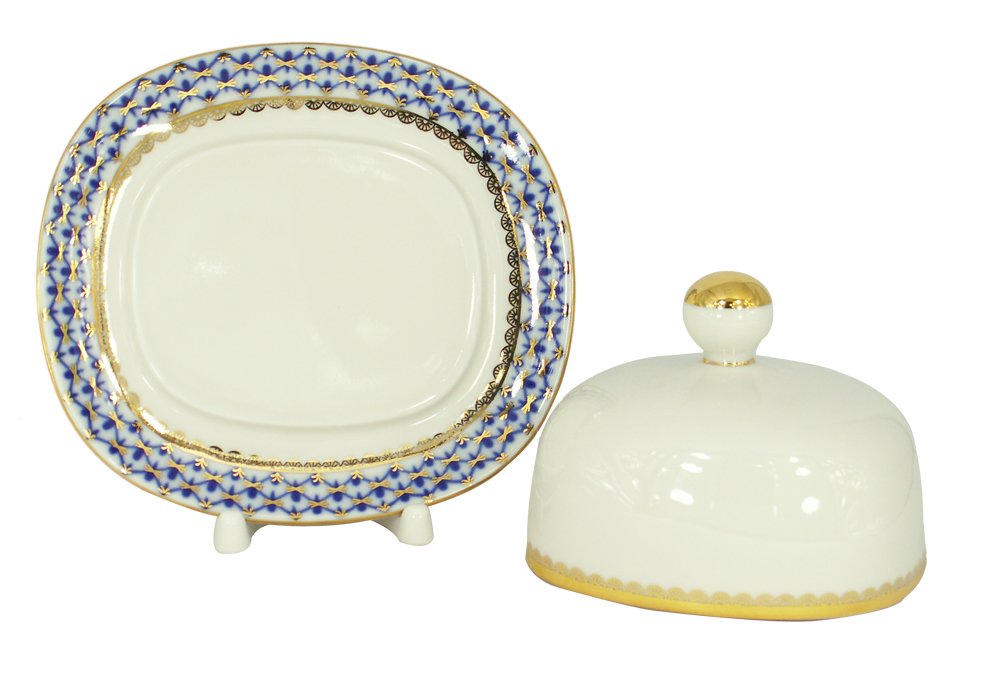 Lomonosov Porcelain Butter Dish - Elegant Rectangular Cobalt Net Design - Perfect for Breakfast, Brunch & Tea Parties - Russian Fine Dining Tableware