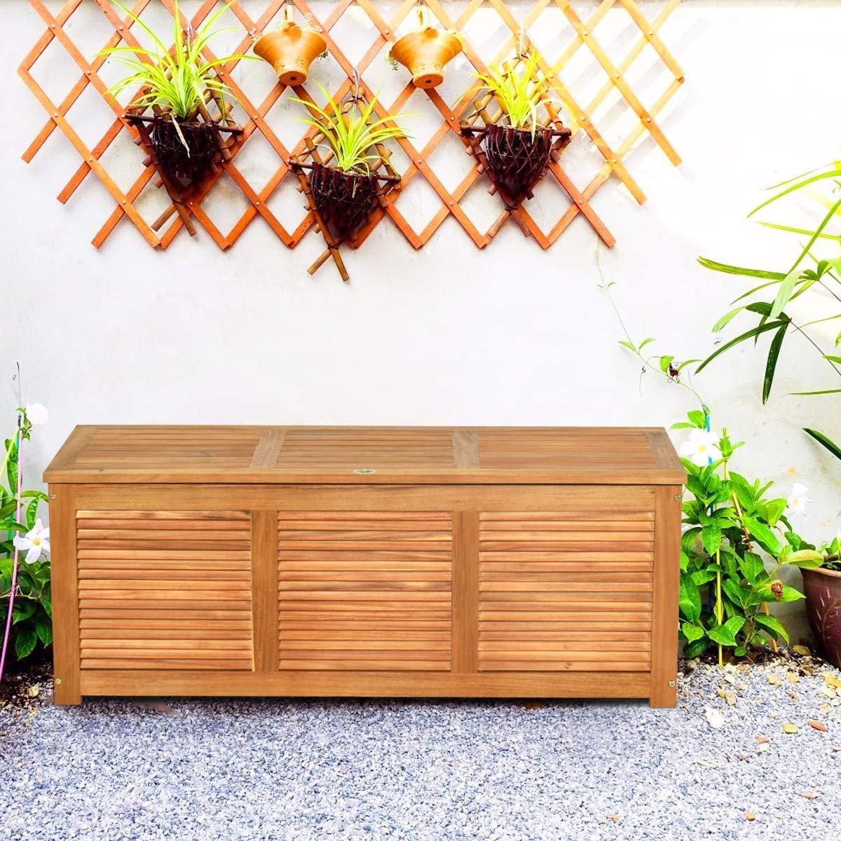 LDAILY Mocha Garden Backyard Storage Bench - Large Acacia Wood Deck Box with Lid - Outdoor Patio Furniture Cushion & Gardening Tool Organizer - Perfect for Backyard, Deck, and Garden Storage Solutions
