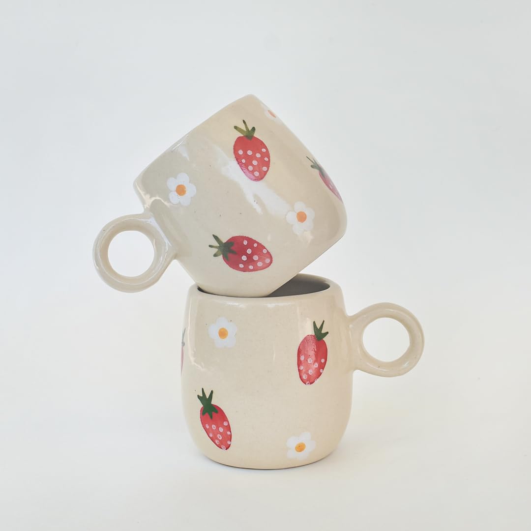 Handmade Strawberry Ceramic Mug - Microwave & Dishwasher Safe 250ml Coffee Tea Cup - Perfect Gift for Best Friend, Office, Home & Cafe Use