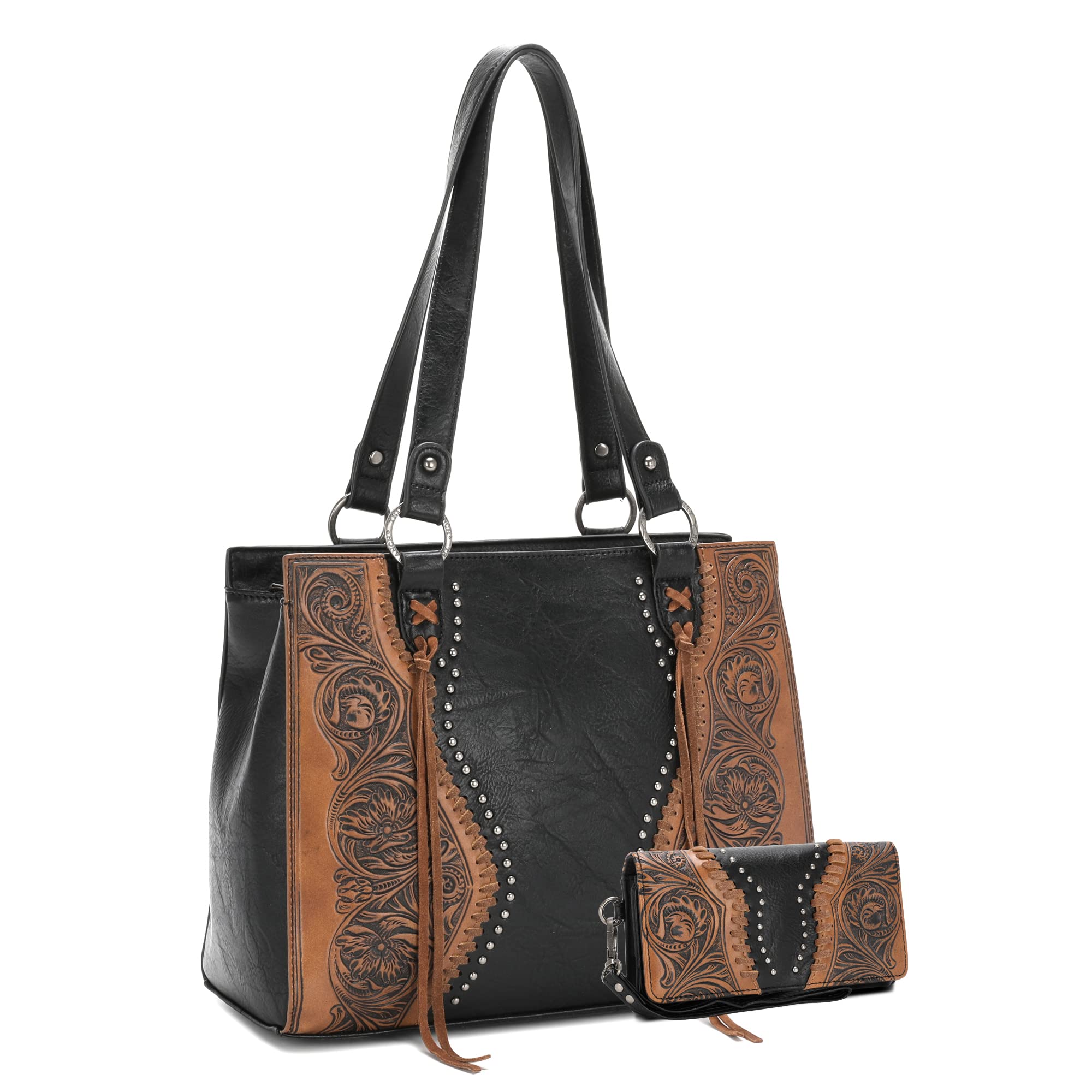 Montana West Western Tote Bag for Women - Floral Tooling Leather Shoulder Handbag with Matching Wallet Set | Perfect for Work, Travel & Country Western Fashion
