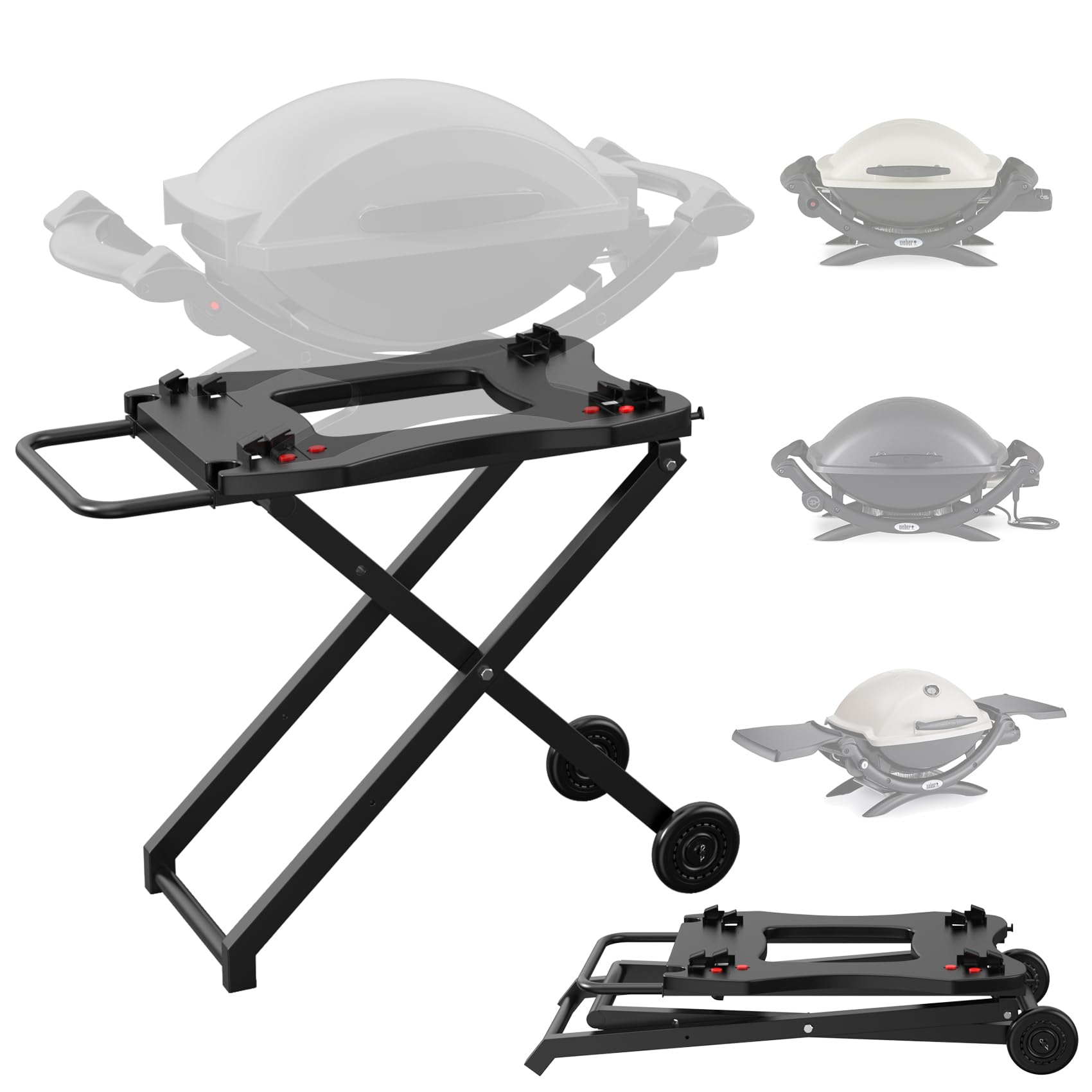Portable Grill Stand for Weber Q Series - Heavy-Duty Collapsible BBQ Table for Q1200, Q1000, Q2000, Q1400 - 2-Wheel Outdoor Cooking Trolley for Tailgating, Camping & Backyard BBQs - Black
