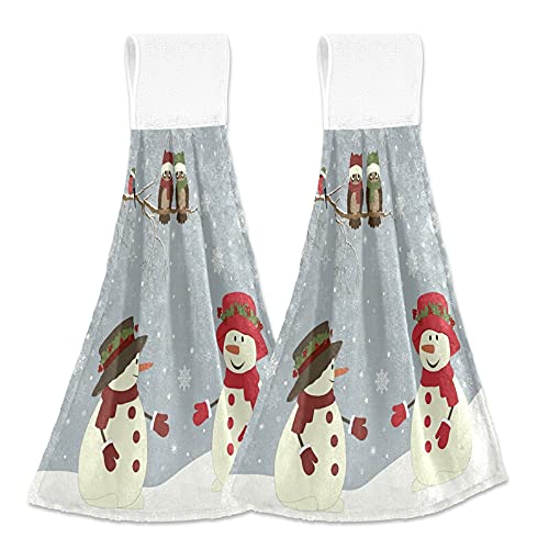 Snowman Owl Christmas Kitchen Towels - 2PCS Soft Absorbent Dish Cloths with Hanging Loop, Winter Snowflake Hand Towels for Bathroom & Kitchen - Perfect for Oven Handle, Stove, Tabletop & Holiday Decor