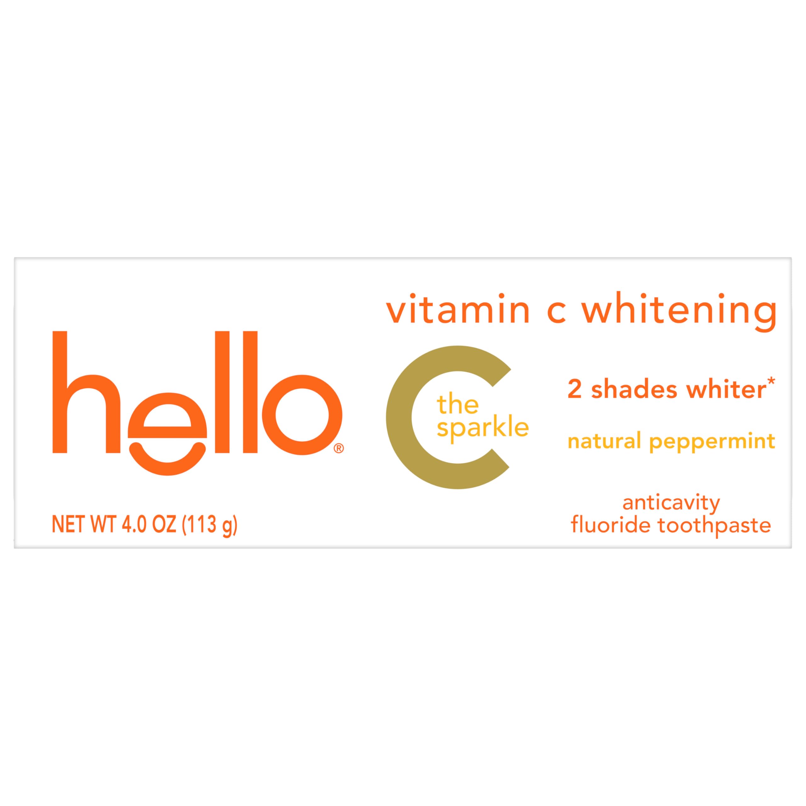 Hello Vitamin C Whitening Toothpaste with Fluoride for Adults | SLS-Free Teeth Whitening & Stain Removal | Natural Peppermint Flavor, Freshens Breath | 4.0 oz Tube - Perfect for Daily Oral Care & Brightening Smiles