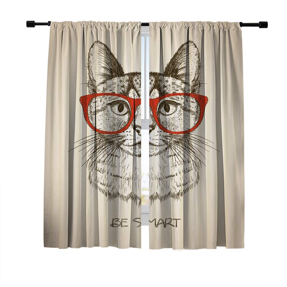 Misscc Vintage Style Blackout Curtains - Hipster Cat with Red Glasses Pattern Window Treatments, 2 Panels Set for Bedroom, Living Room & Kitchen | Light Blocking, Thermal Insulated Drapes for Home, Office & Cafe Decor