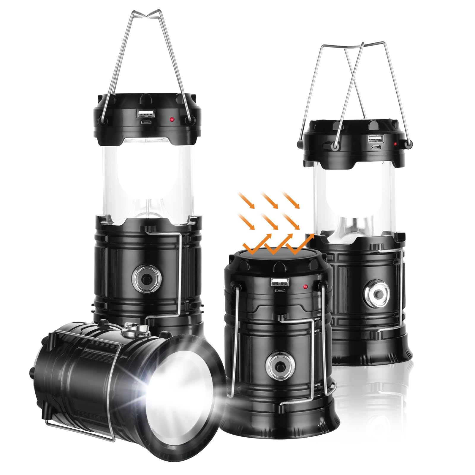 Solar Powered Camping Lantern - USB Rechargeable Emergency Light for Power Outages, Waterproof & Collapsible Design, 4 Pack for Indoor/Outdoor Use - Perfect for Camping, Hiking, and Emergency Preparedness