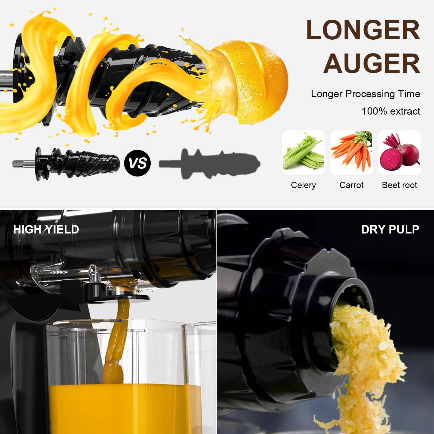 250W Slow Juicer Cold Press Masticating Juicer - BPA Free, High Yield Juicer Extractor for Hard Vegetables & Fruits, Easy to Clean with Grinding Function, Dishwasher Safe - Perfect for Healthy Juicing, Detox Drinks, and Homemade Baby Food