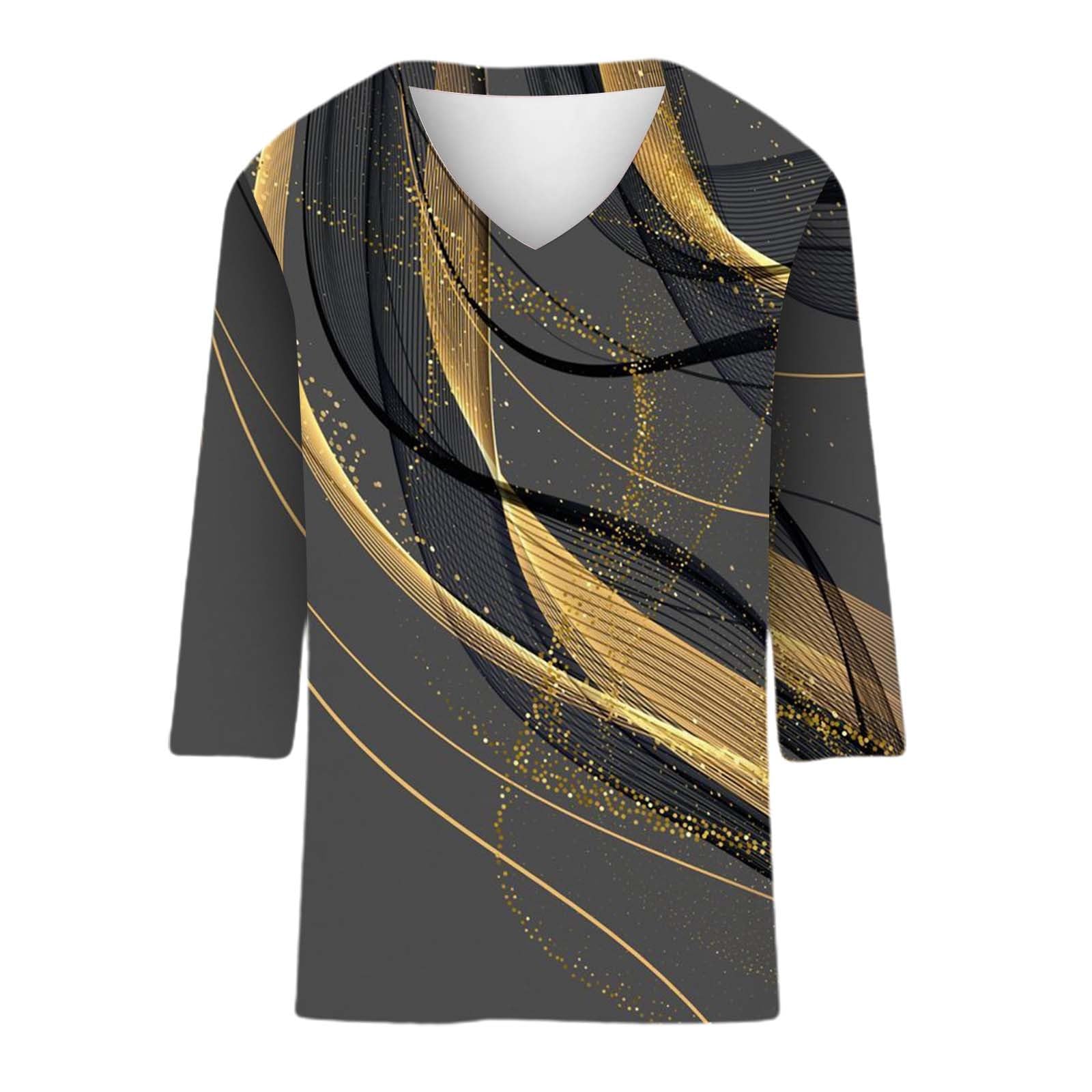 Women's Sexy 3/4 Sleeve V-Neck Henley Blouse - Plus Size Fashion Print Top for Casual Wear & Night Out | Dressy T-Shirt for Women