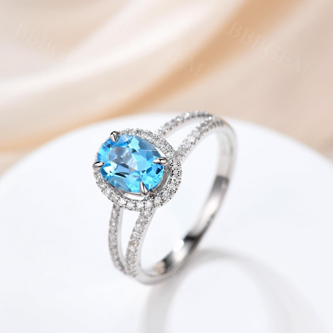 14K White Gold Sky Topaz and Diamond Engagement Ring, 6x8mm Custom Bridal Wedding Promise Ring, Handcrafted Fine Jewelry with Prong Setting - Perfect for Proposals, Anniversaries, and Special Occasions