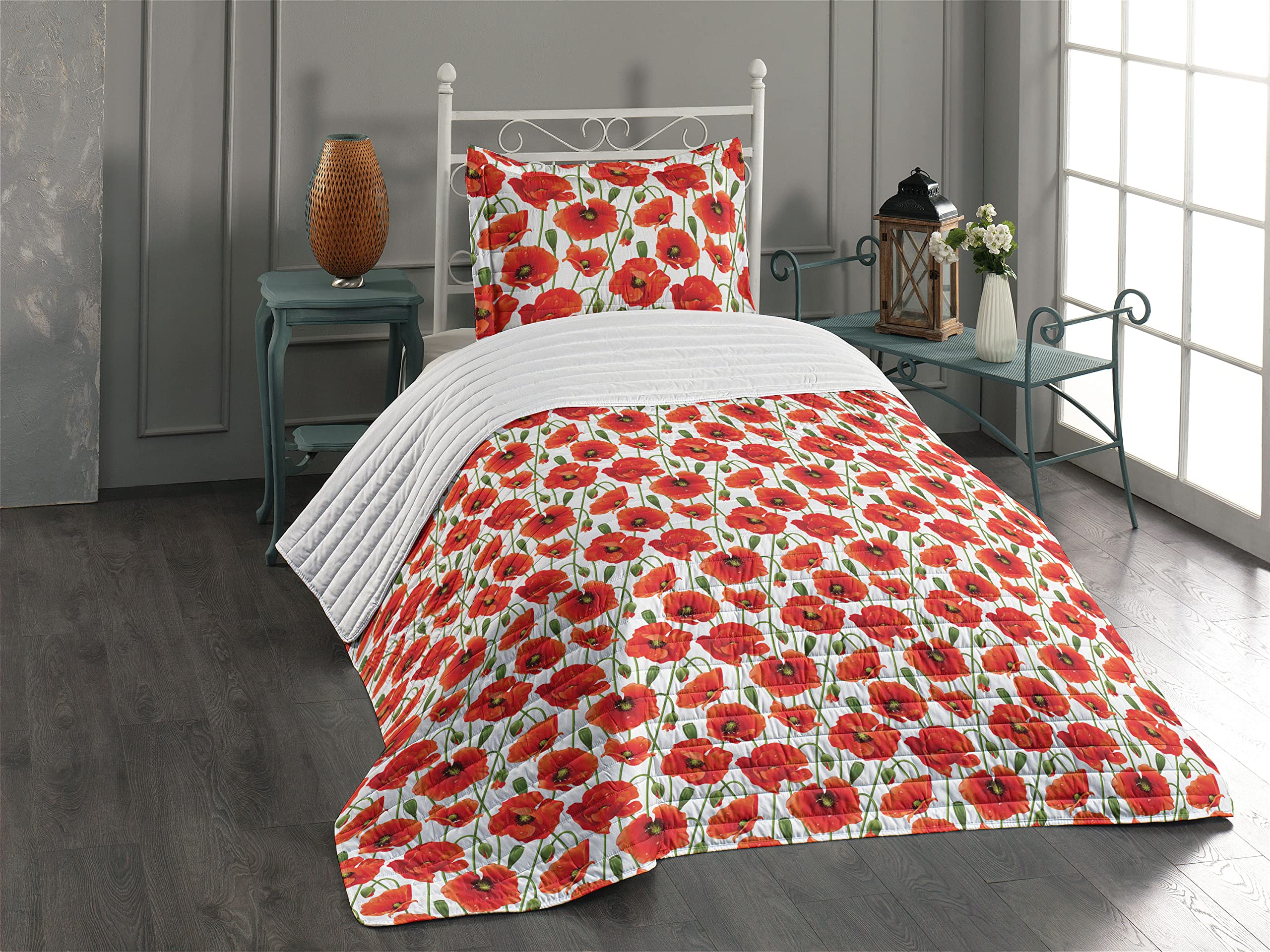 Lunarable Poppy Flower Microfiber Bedspread Set - Twin Size Soft Comforter with Pillow Sham | Orange Fern Green White Bloom Design | Perfect for Spring Bedroom Decor & Cozy Home Styling