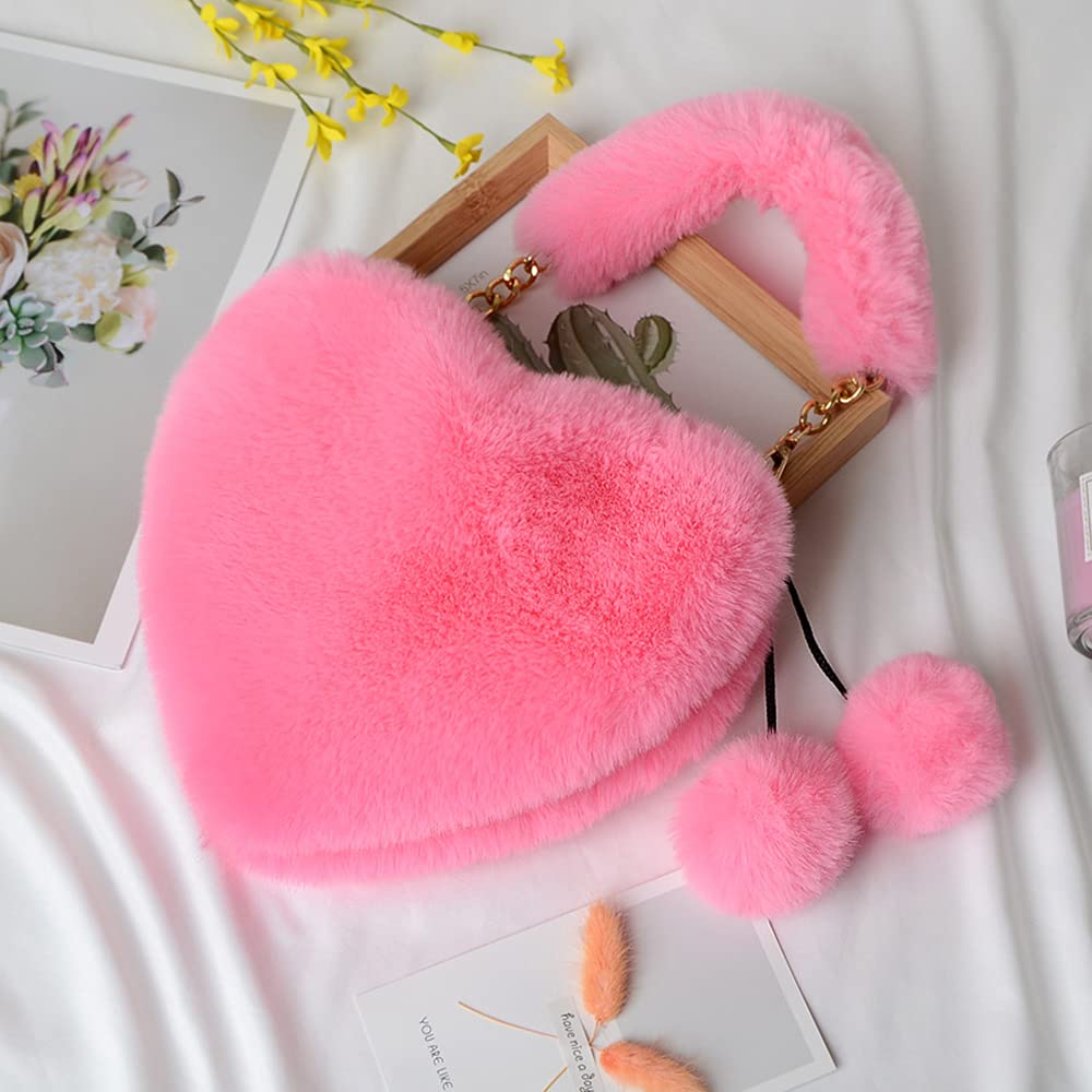 Rejolly Fluffy Faux Fur Heart Shaped Purse for Women & Girls - Soft Small Shoulder Bag Clutch Handbag for Parties, Dates & Everyday Use