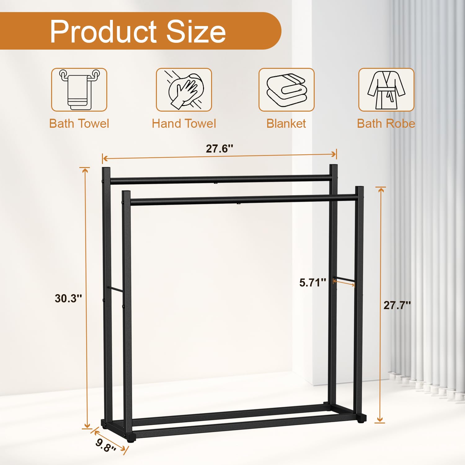 Honiter 2-Tier Free Standing Towel Rack for Bathroom & Outdoor Use - Wide Drying Rack for Oversized Bath Towels, Pool Blankets & Beach Towels - Black Space-Saving Storage Solution for Bathroom, Poolside & Laundry Room