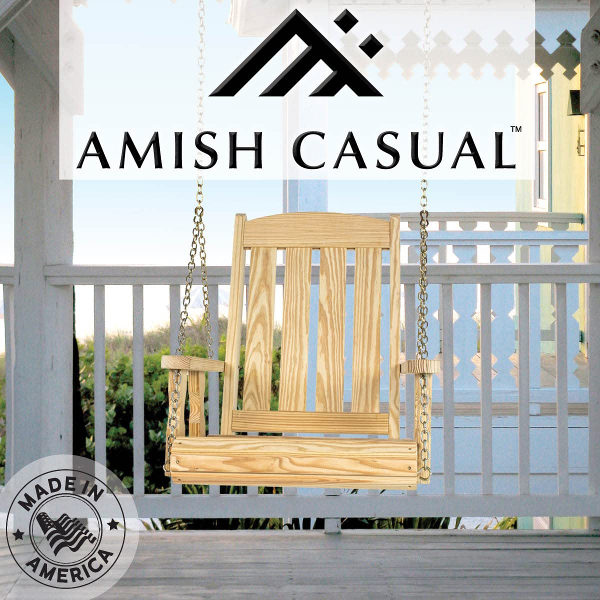 Amish Heavy Duty Mission Swing Chair - Unfinished Pressure Treated Wood - Perfect for Porch, Patio, Garden and Backyard Relaxation