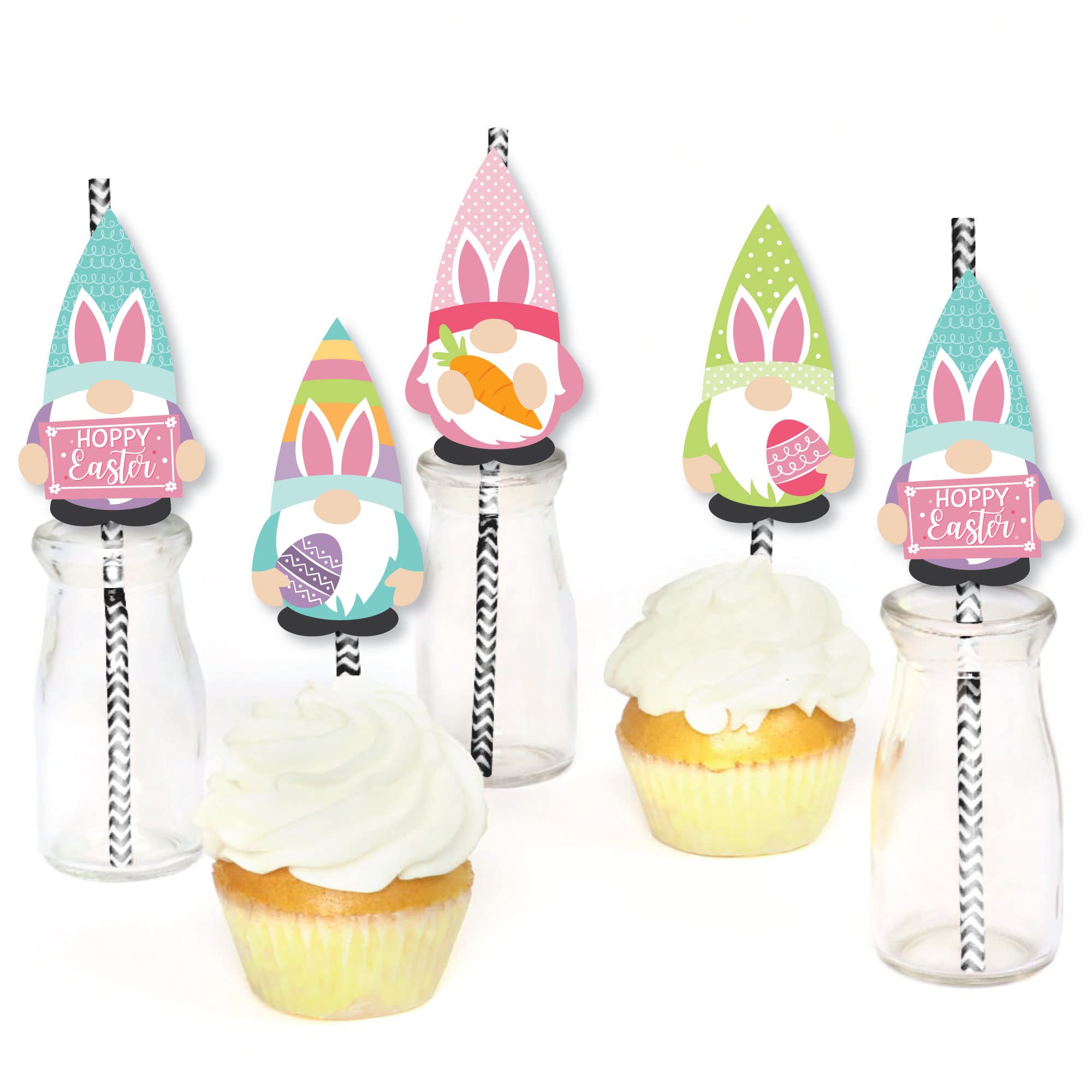 Easter Gnome Paper Straws - Set of 24 Striped Decorative Straws for Spring Bunny Party Decorations | Perfect for Easter Celebrations, Baby Showers & Garden Tea Parties