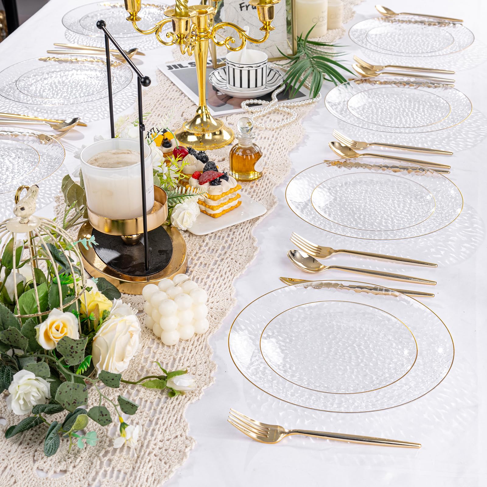 100Pcs Clear Gold Plastic Plates - Disposable Gold Rim Party Plates, Heavy Duty Hammered Design - 50 Clear Dessert Plates & 50 Dinner Plates for Weddings, Birthdays, BBQs & Special Events
