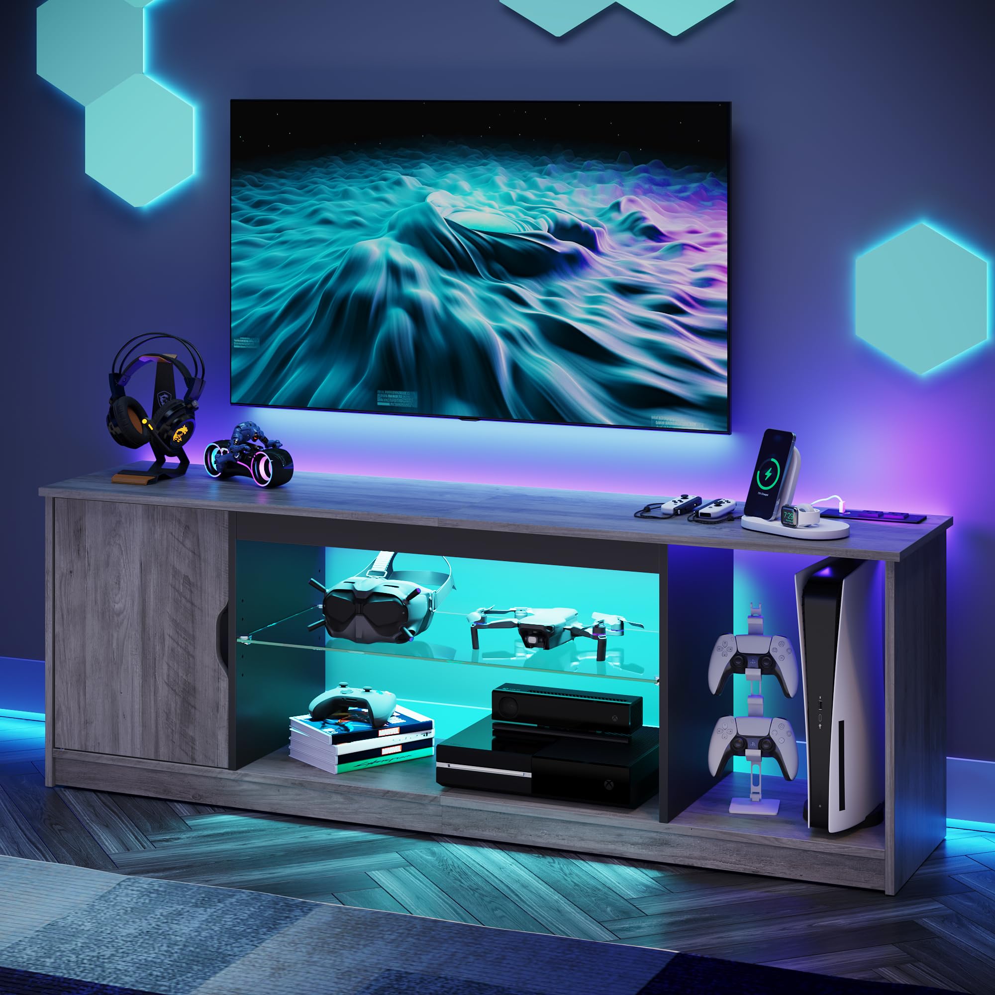 Bestier 58 Inch LED TV Stand with Power Outlets - Modern Entertainment Center for 55/60/65 Inch TVs, Gaming Console Storage Cabinet with Adjustable Glass Shelves (Grey Wash) - Perfect for Living Room, Home Theater & PS5 Setup