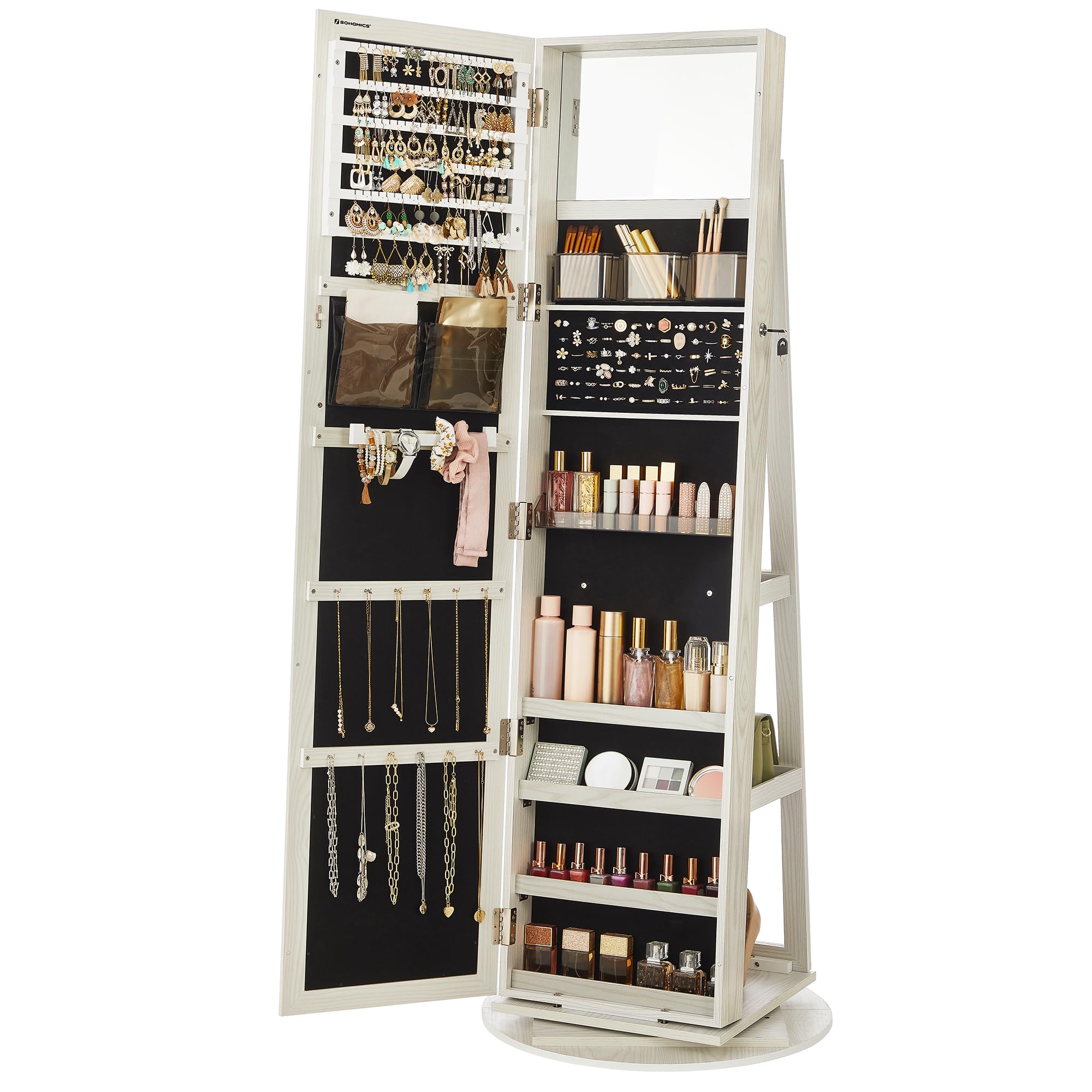 SONGMICS 360° Swivel Jewelry Cabinet with Full-Length Mirror - Lockable Jewelry Organizer with Interior Mirror & Storage Shelves - Jewelry Armoire for Necklaces, Rings & Accessories - Perfect Gift Idea for Women - White & Gray Wood Grain UJJC006W01 - Ideal for Bedroom, Closet & Dressing Room Organization