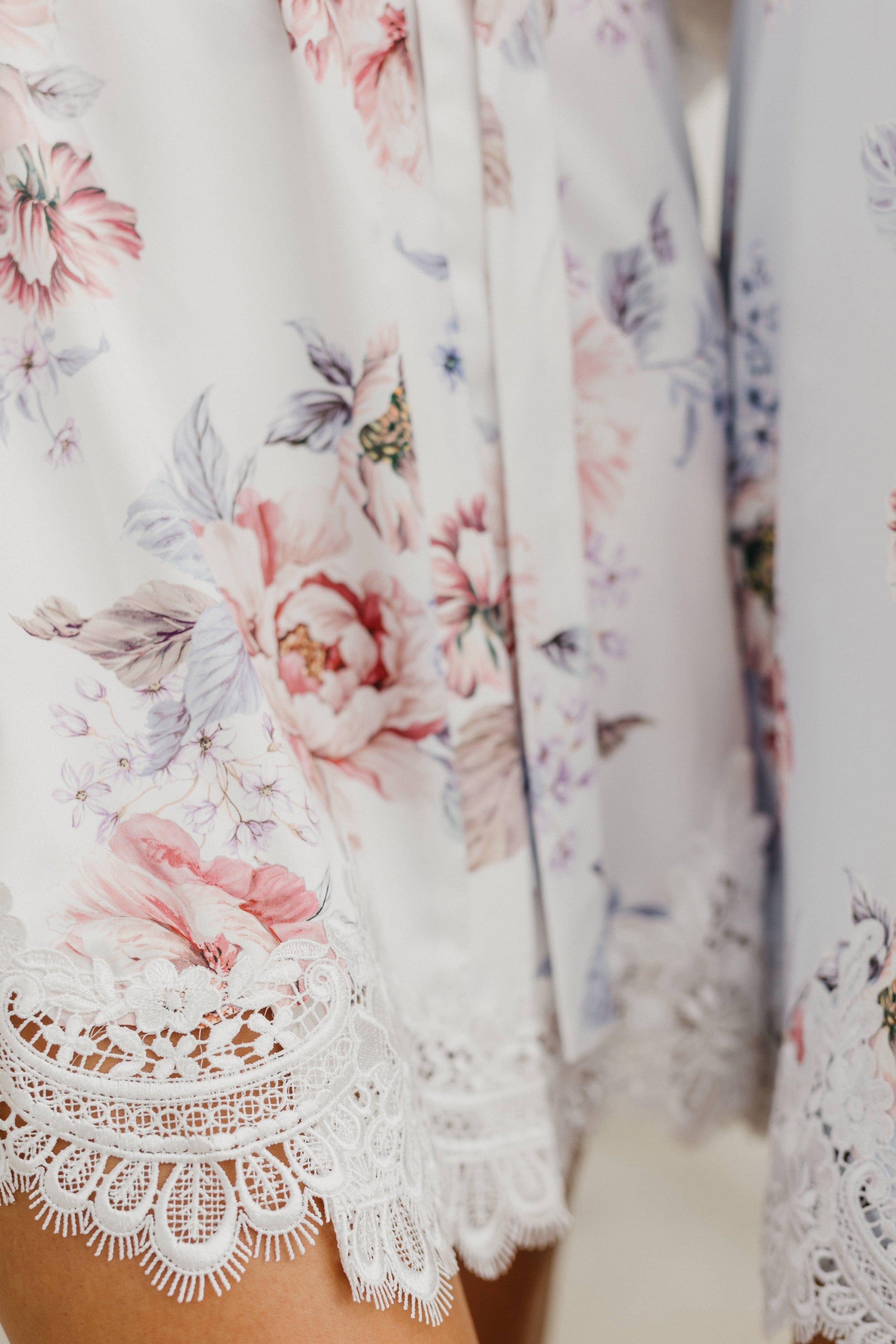 Serena Veiled Rose Printed Lace Trim Satin Robe - Elegant Bridal Lingerie & Boudoir Dress for Wedding Night, Honeymoon & Romantic Occasions
