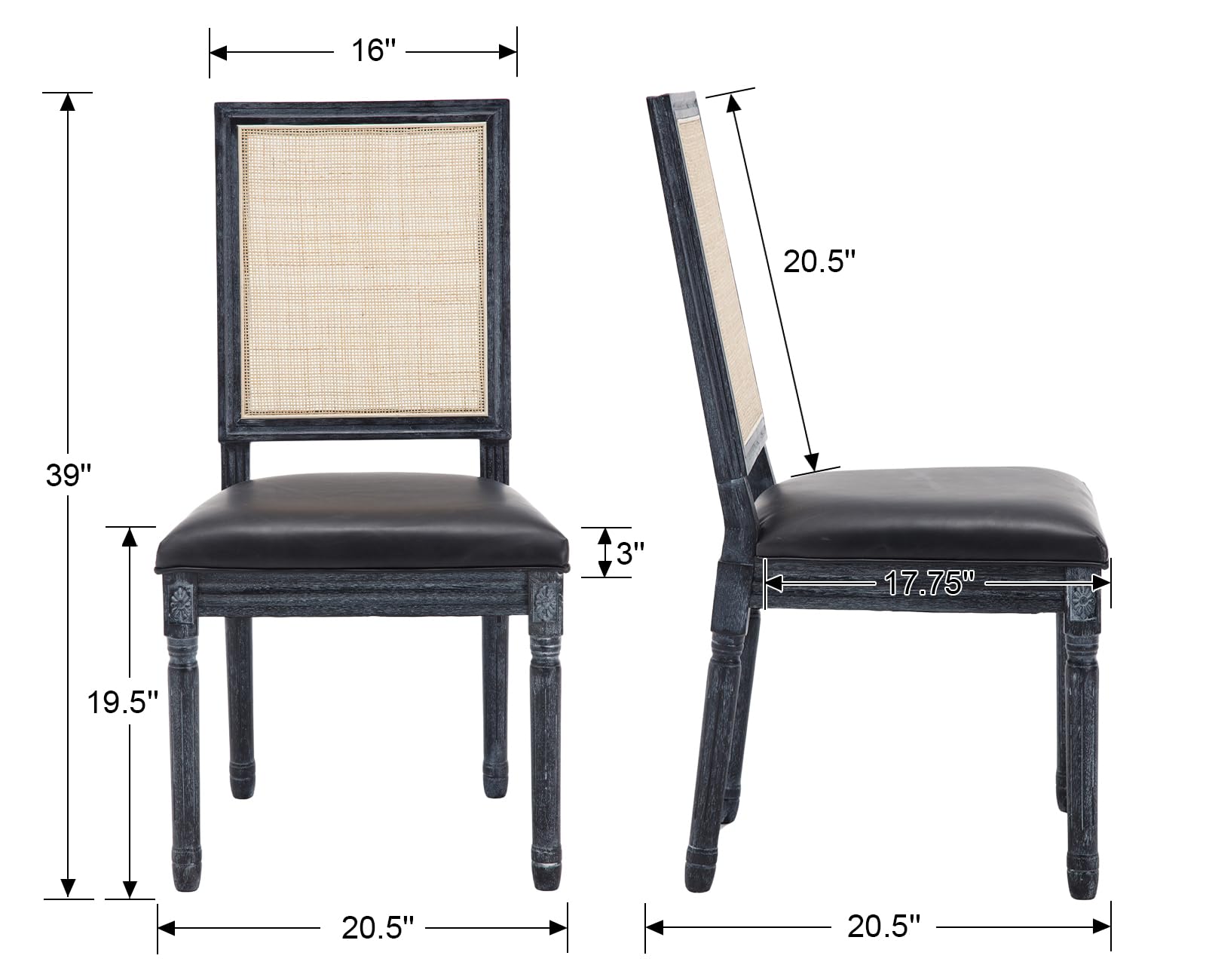 4 Pack Faux Leather Dining Chairs - Farmhouse Kitchen Chairs Set with Rattan Back, Upholstered Parsons Chairs for French Country Style Dining Room, Restaurant or Home Decor (Black) | Perfect for Farmhouse Kitchens, Cozy Breakfast Nooks and Elegant Restaurant Seating