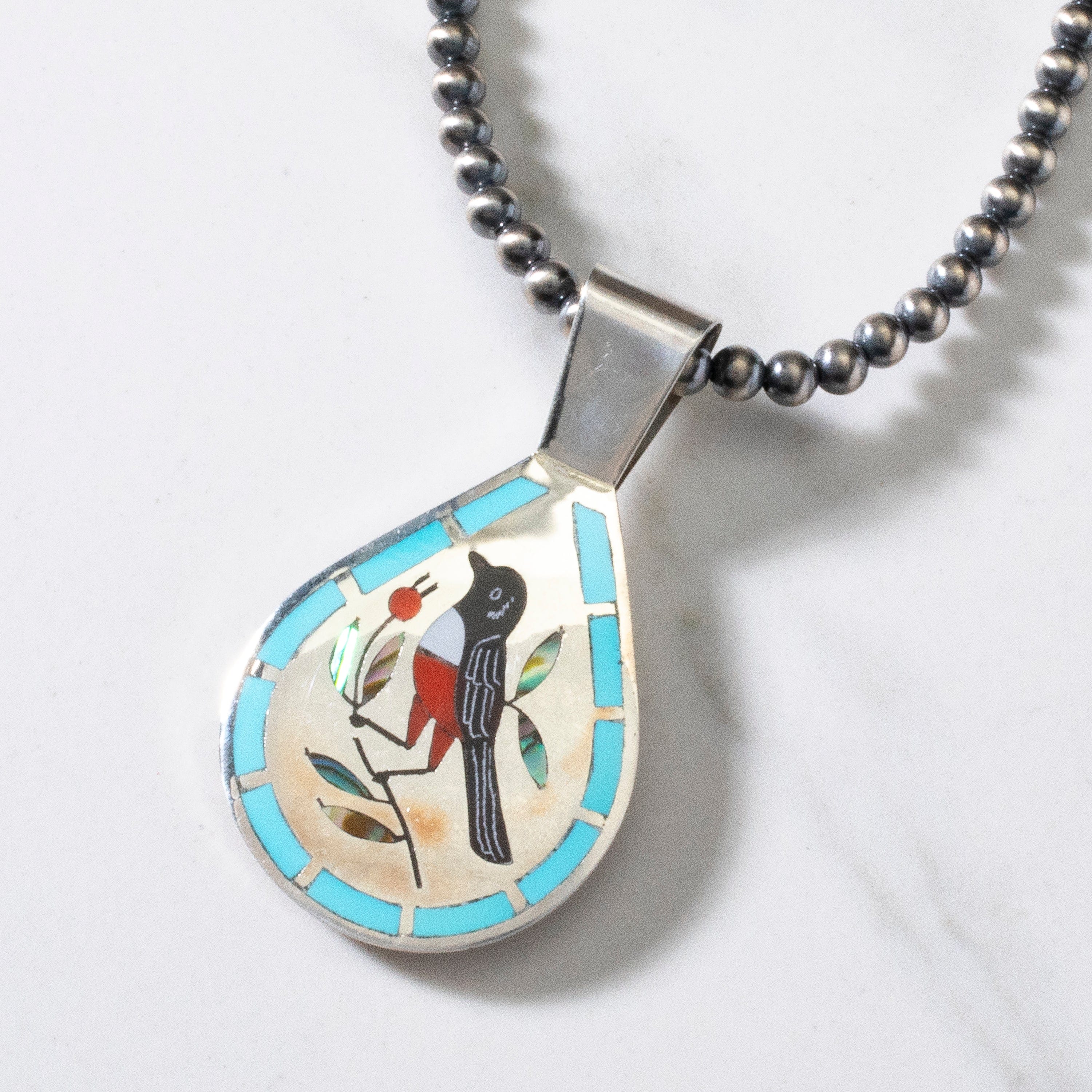 Authentic Zuni Inlay Pendant with Multi-Gem Bird Design & 4mm Navajo Pearl Necklace - 925 Sterling Silver Handmade by Native American Artists | Perfect for Southwest Jewelry Collectors & Cultural Gift Giving