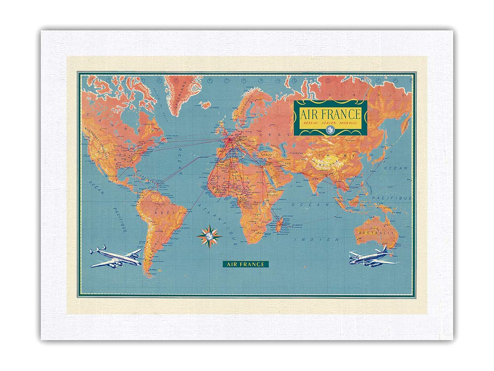 Vintage 1956 Airline Travel Poster - Pacifica Island Art France World Route Map Featuring Vickers Viscount & Super Constellation - 100% Pure Silk Dupioni Fabric Print 24x32 Inches - Perfect for Home Decor, Office Wall Art & Aviation Enthusiast Gifts