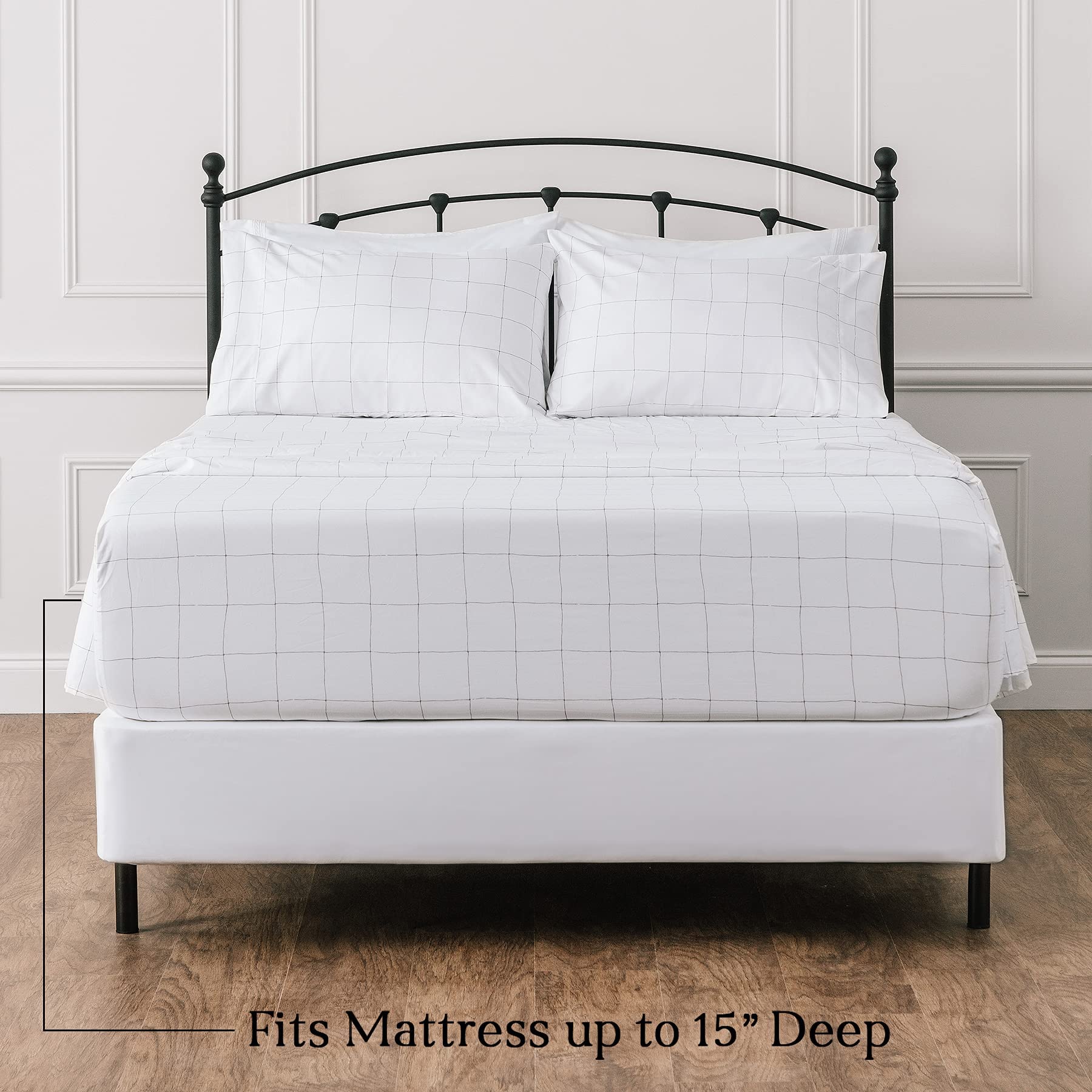 Chanasya Premium Printed Queen Bed Sheet Set 4-Piece - Soft Hand Drawn Plaid Pattern Microfiber Sheets - 1 Flat Sheet, 1 Fitted Sheet, 2 Pillowcases - Wrinkle & Fade Resistant - White - Queen Size for Cozy Bedroom Decor & Comfortable Sleep